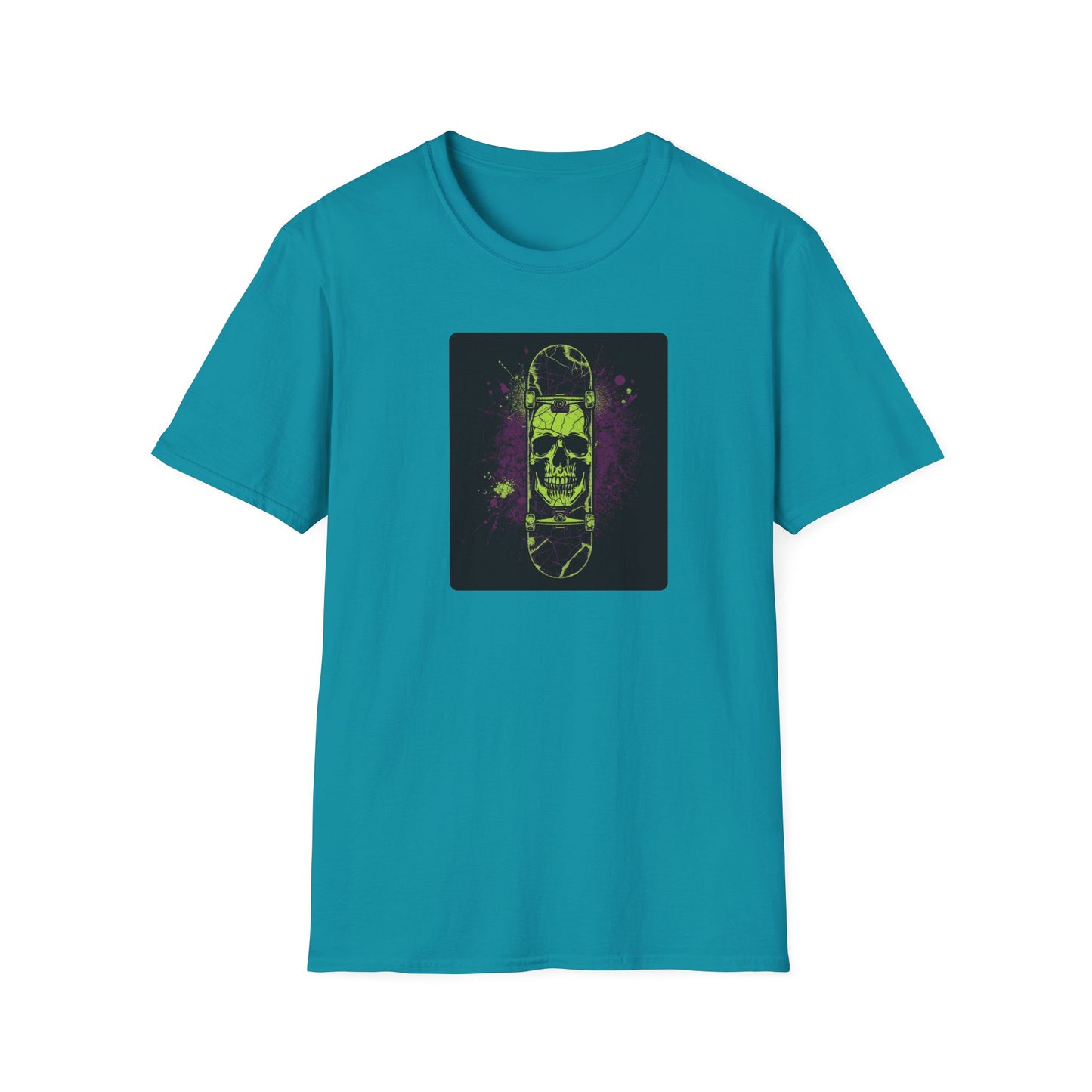 Neon Skull Skateboard – Electric Street Rebel T-Shirt in Tropical Blue