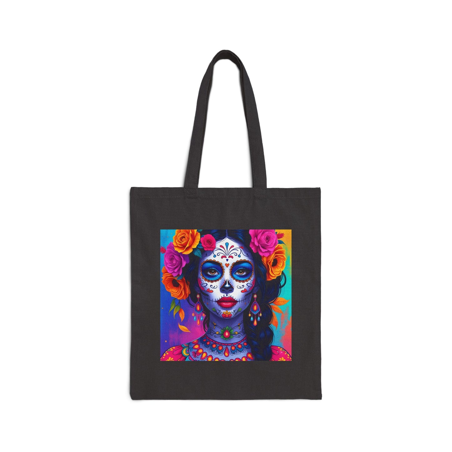 Blush Inferno – Pink Sugar Skull Goddess Tote Bag in Black