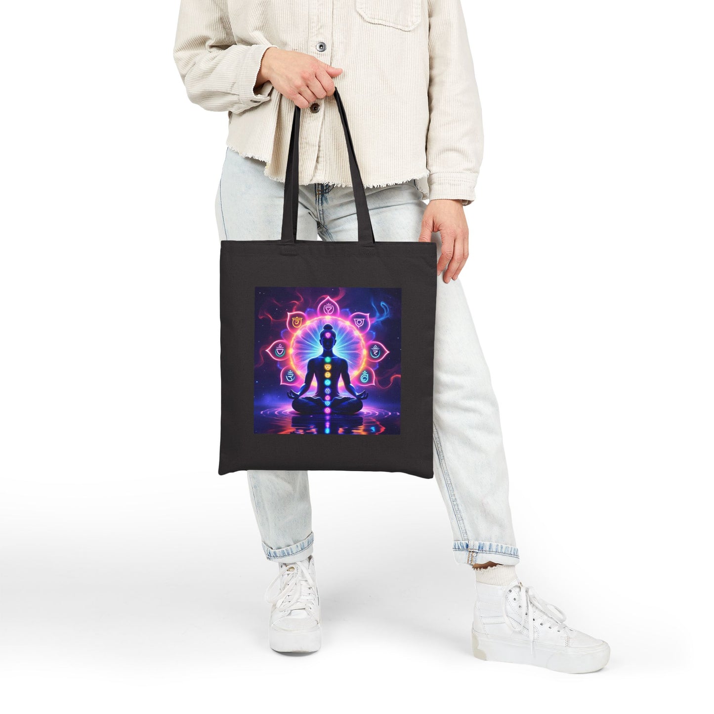 Spiritual Chakra Cotton Canvas Tote Bag in Black
