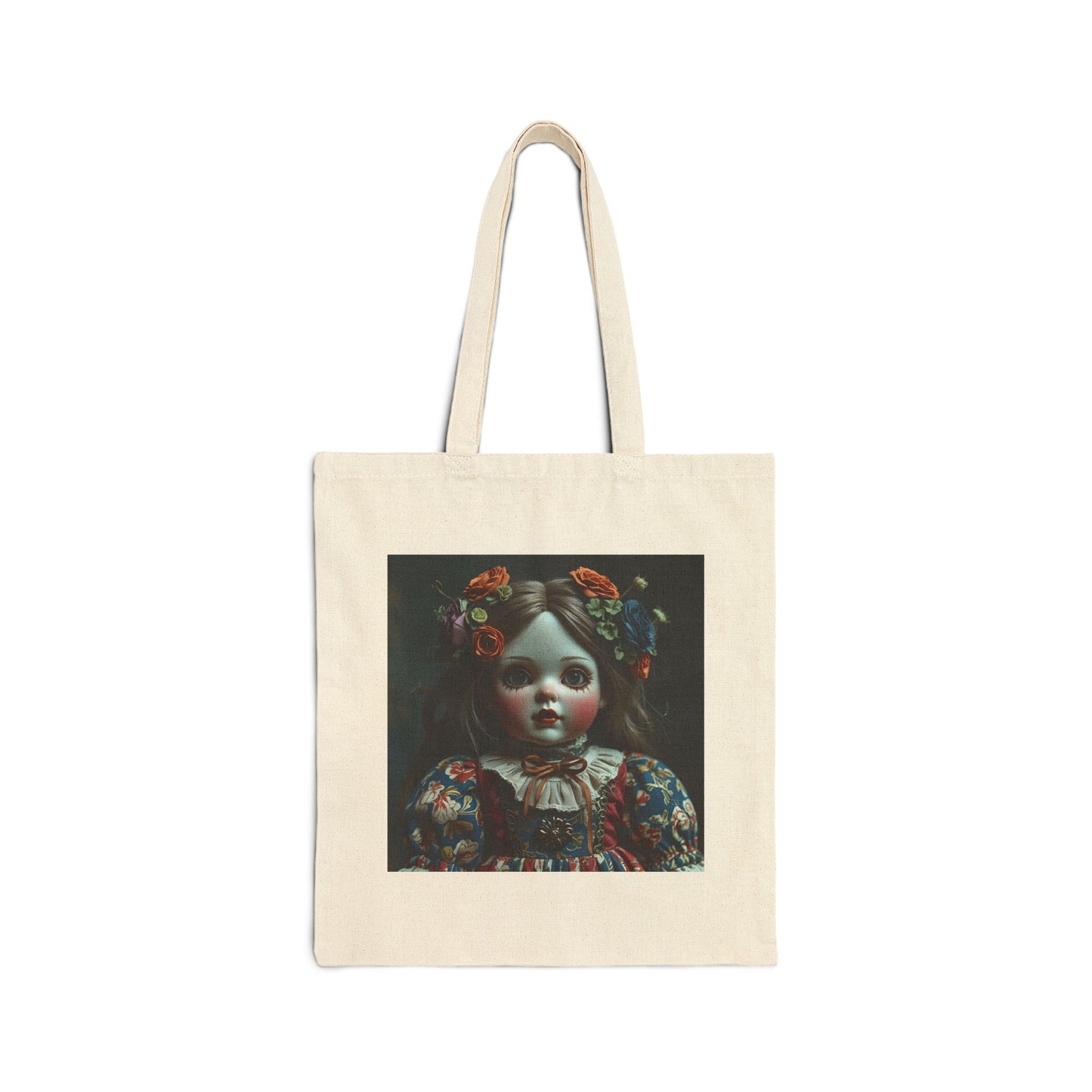 Victoria - Vintage Spooky Doll Canvas Tote in Natural