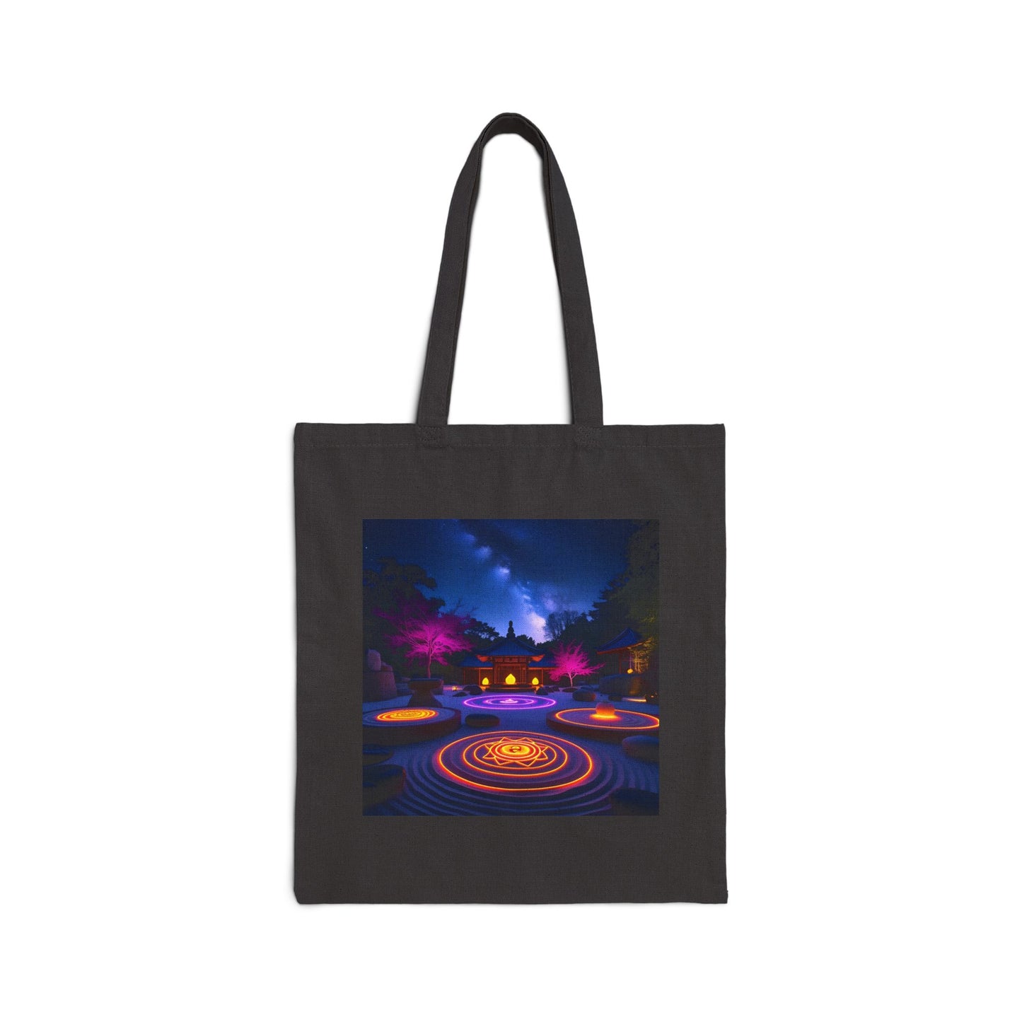 Zen Garden with Neon Chakras Spiritual Canvas Tote Bag in Black