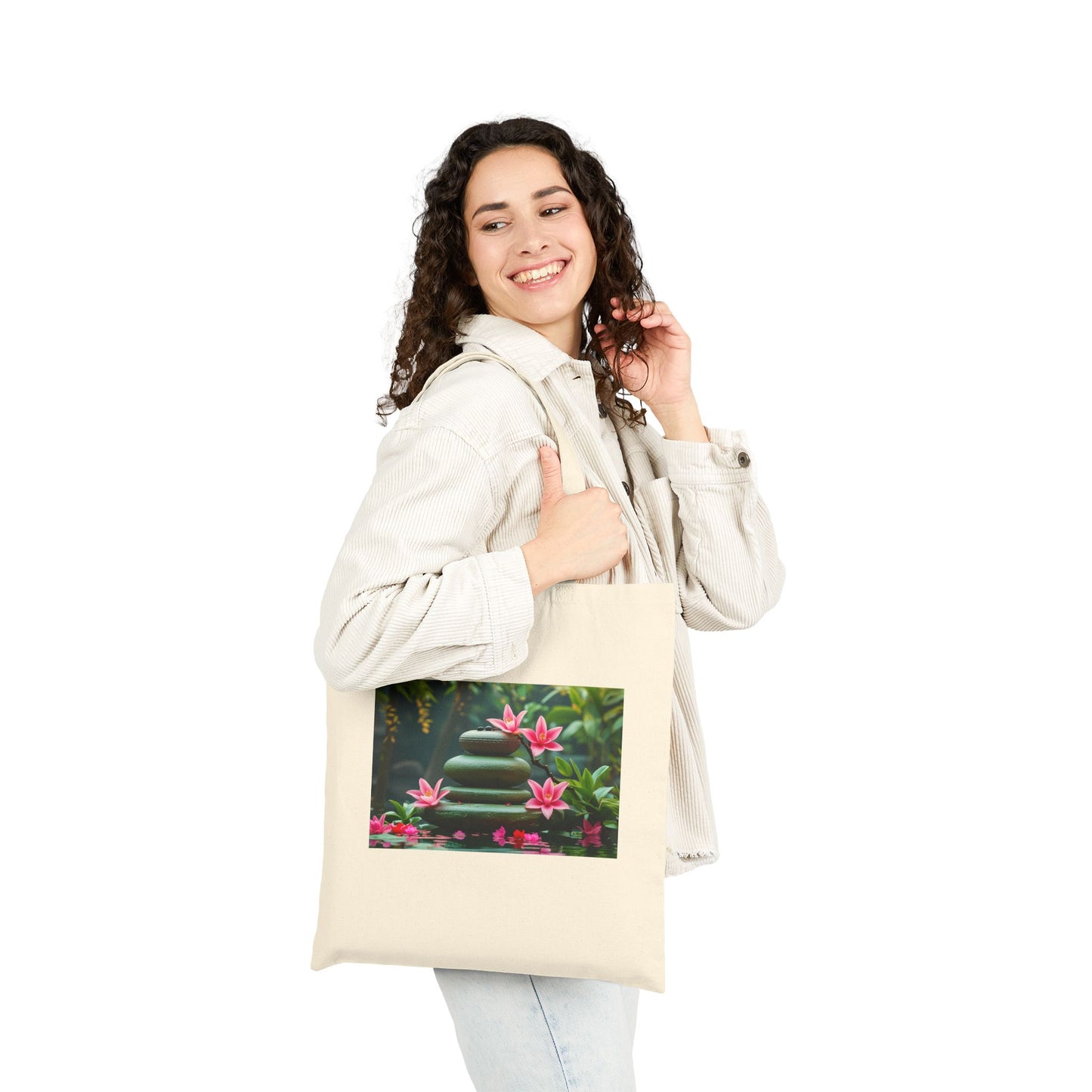 Serene Lotus Garden Cotton Canvas Tote Bag in Natural