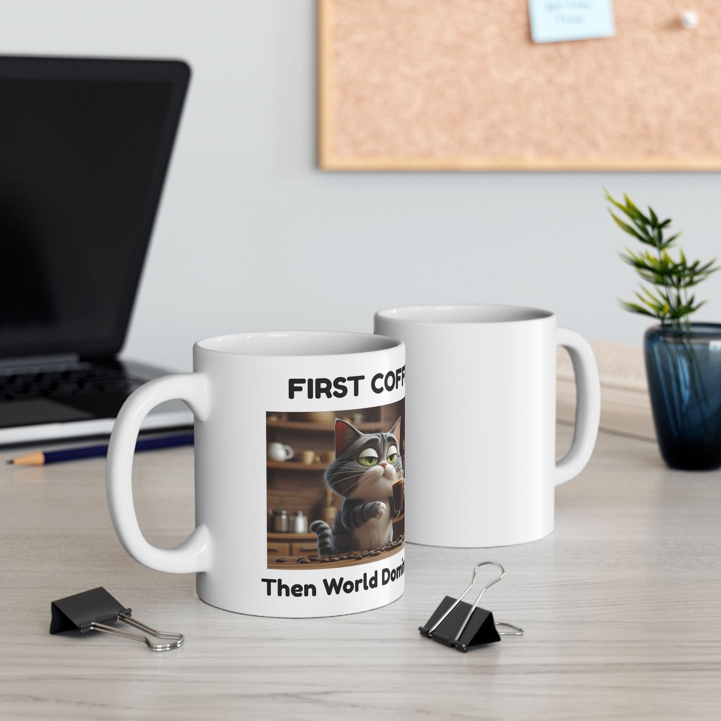 First Coffee, Then World Domination – Funny Sneaky Cat Mug - Two mugs with front and back view - white mug with cute cat and funny text