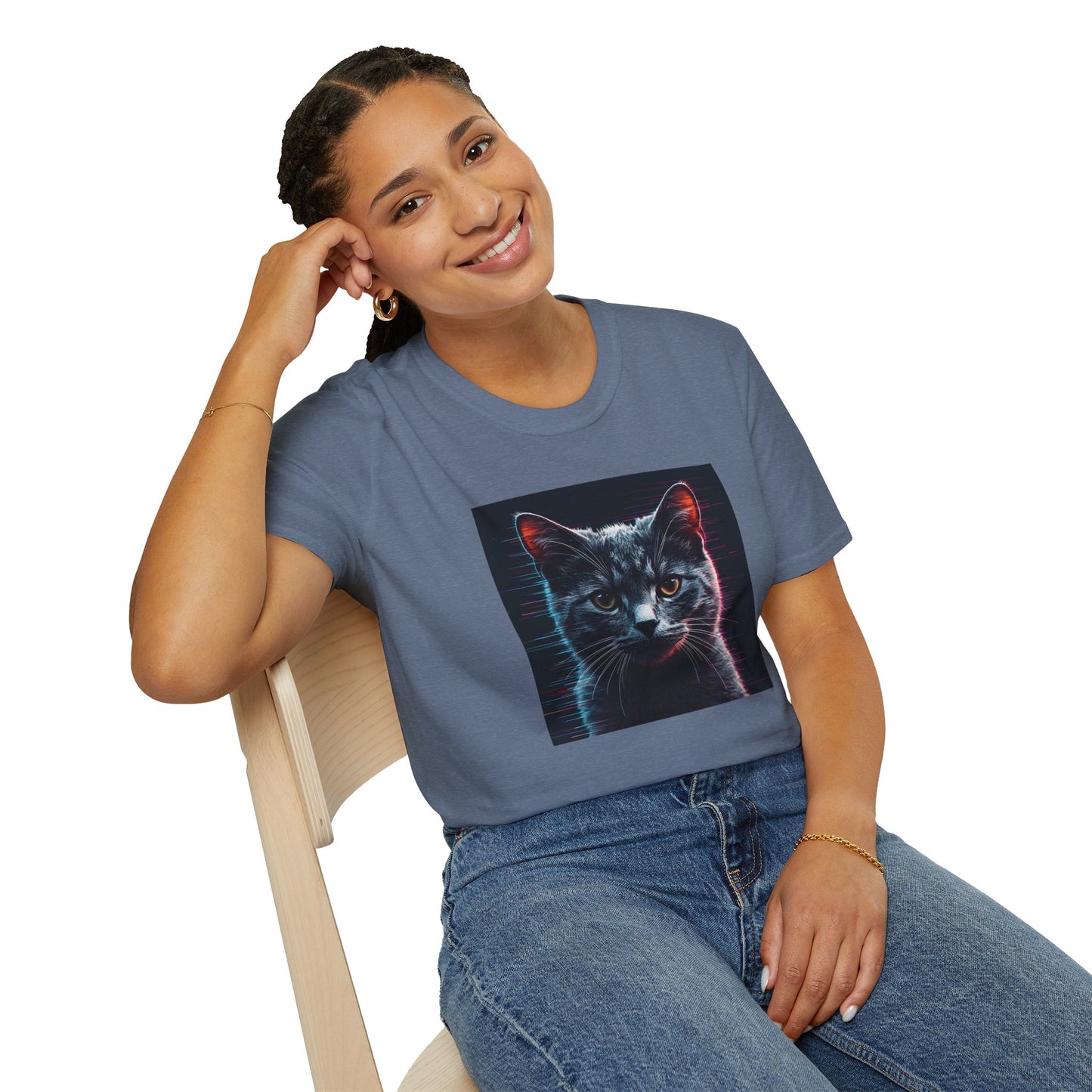 Pixellated Cat - Retro Meow Mode T-Shirt in Heather Indigo