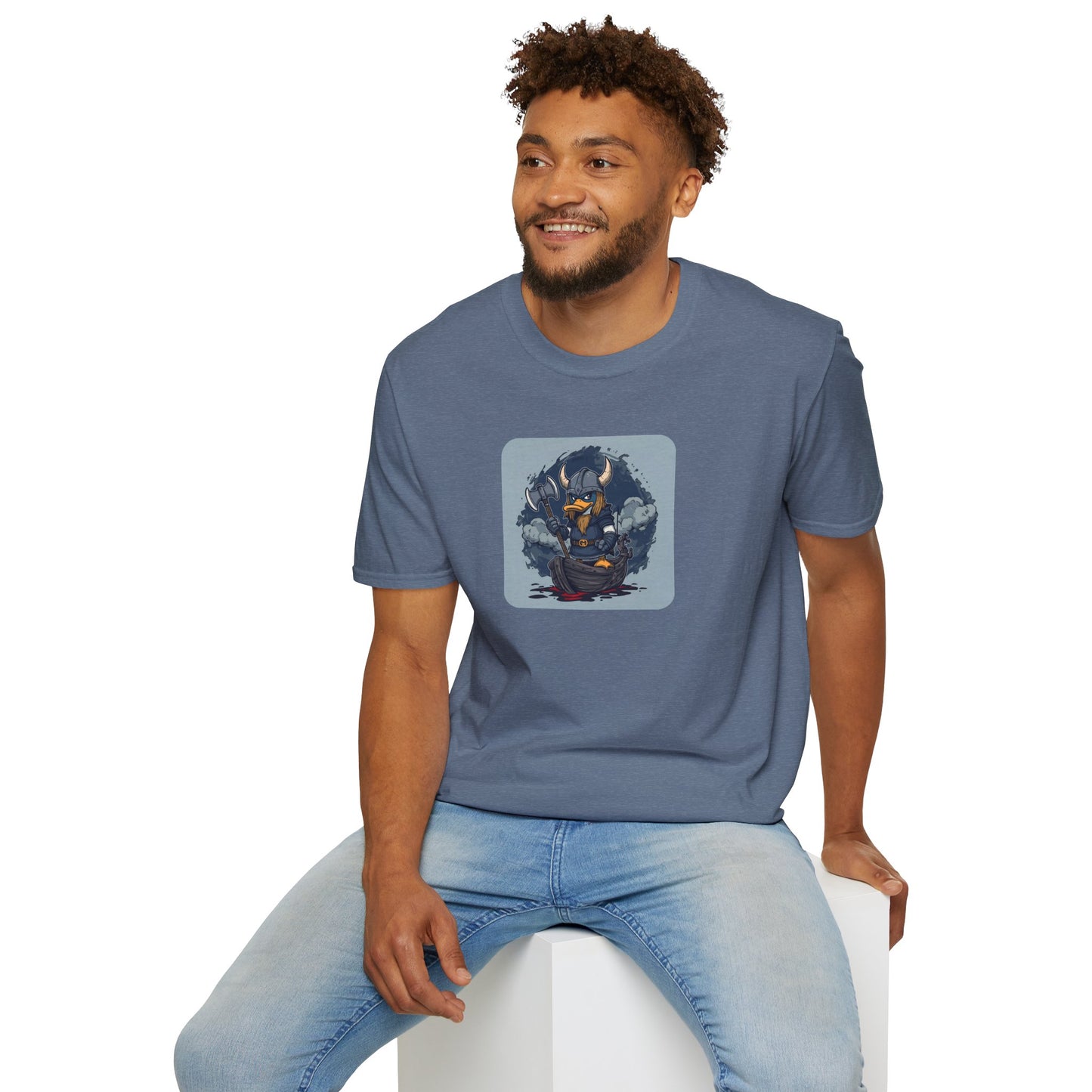 Goth Viking Duck – Dark Cartoon Chaos T-Shirt in Heather Indigo
