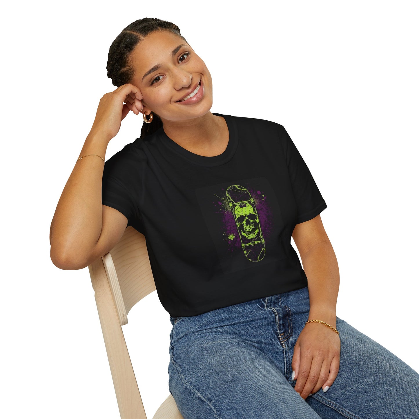 Neon Skull Skateboard – Electric Street Rebel T-Shirt in Black