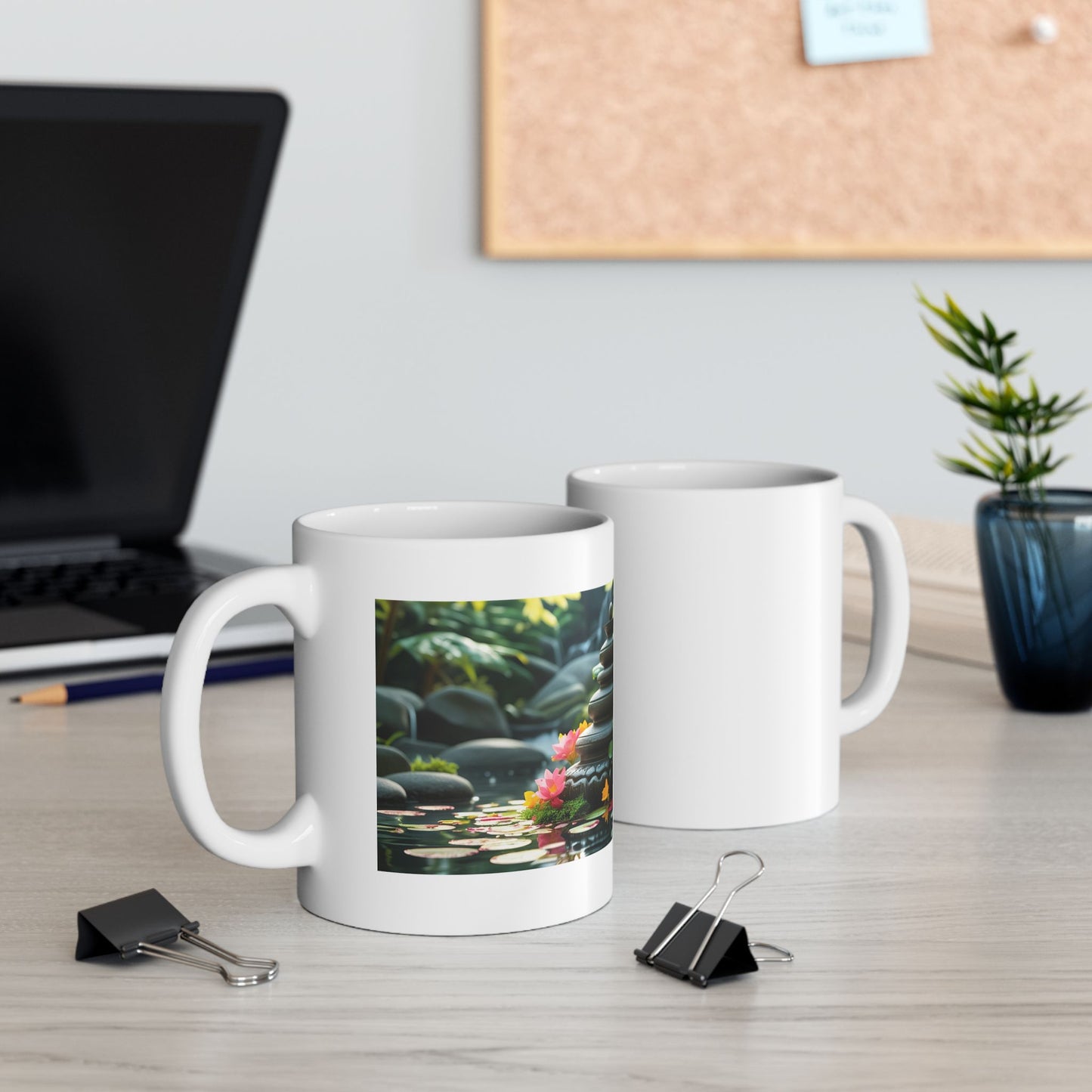 Still Waters – Lotus & Stones Mug - two mugs with front and back view - white mug with serene image