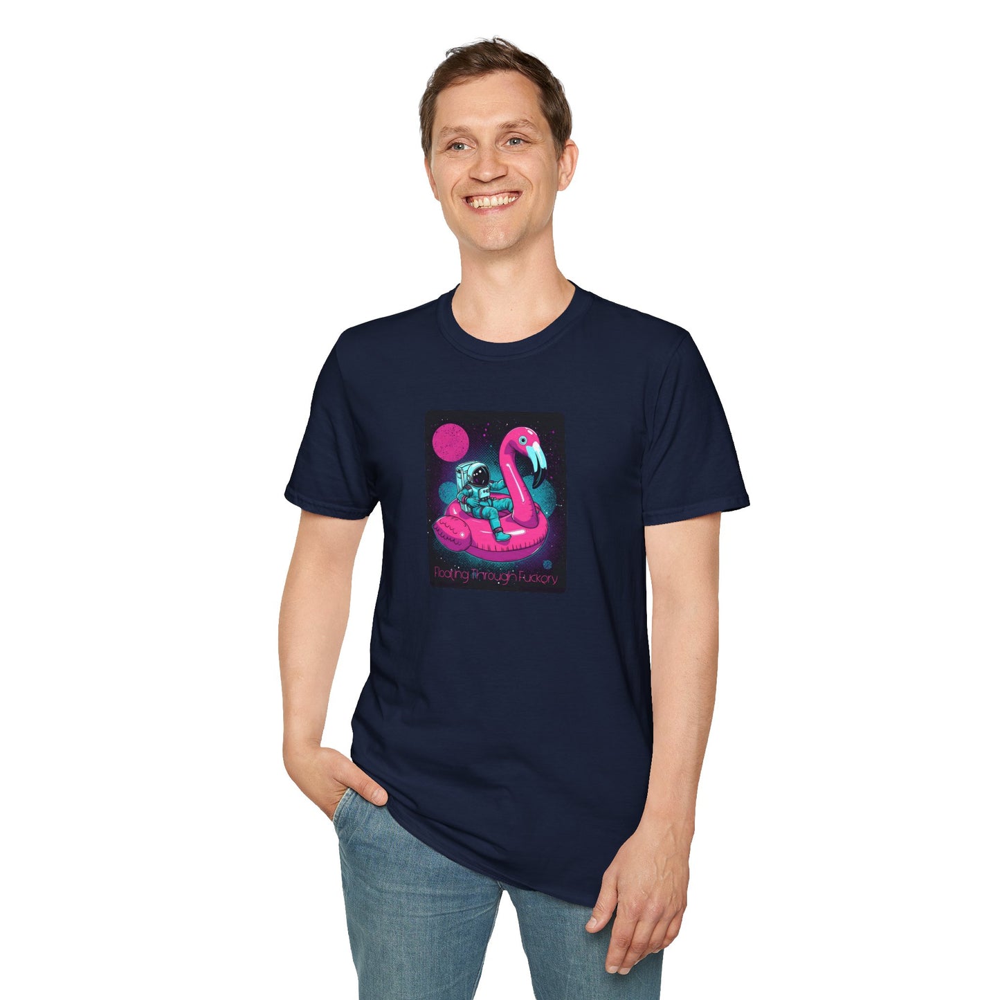 Floating Through Fckery T-Shirt – Surreal Astronaut Flamingo Space Tee