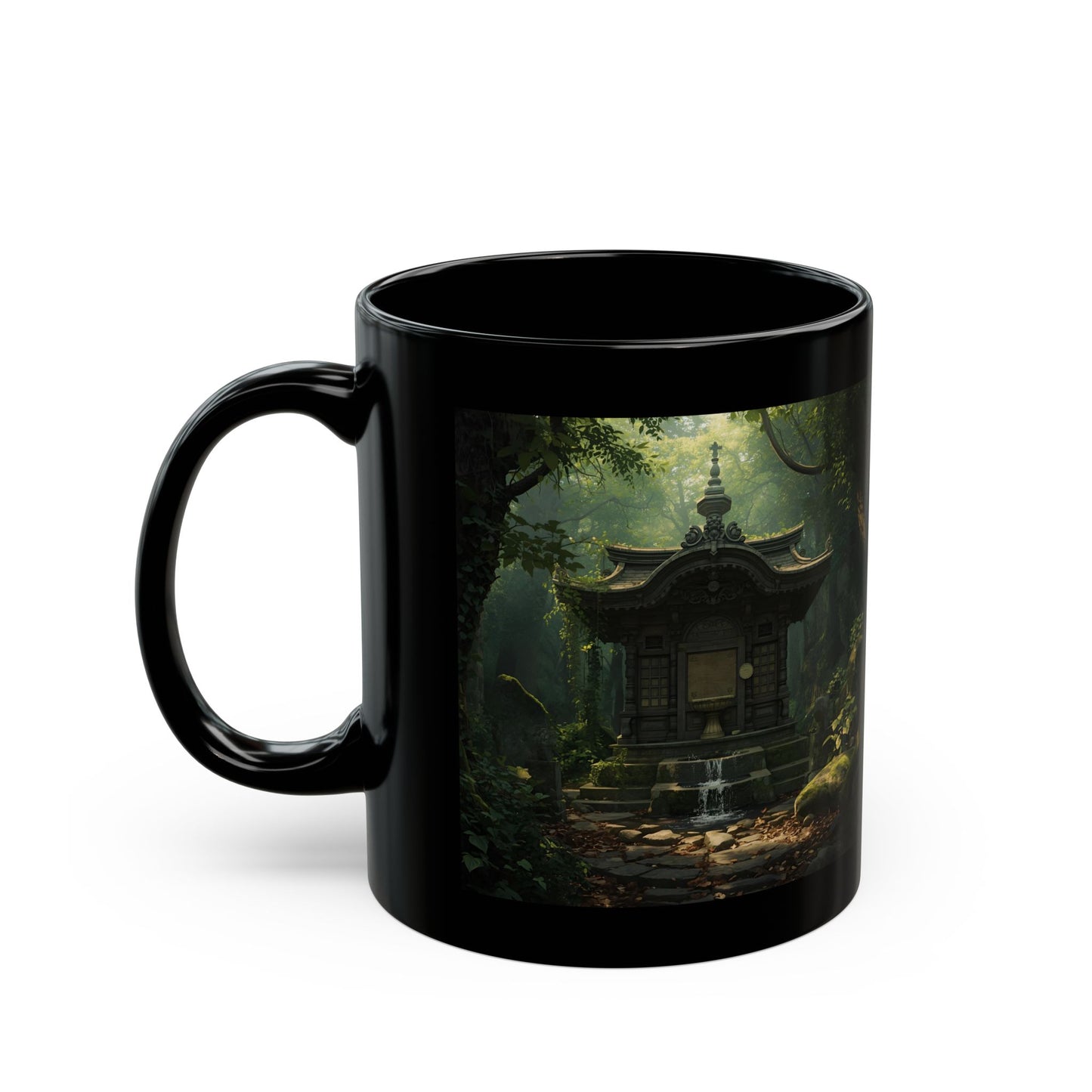 Whispering Woodland Shrine Mug - Black mug with a scenic design of a temple in a forest