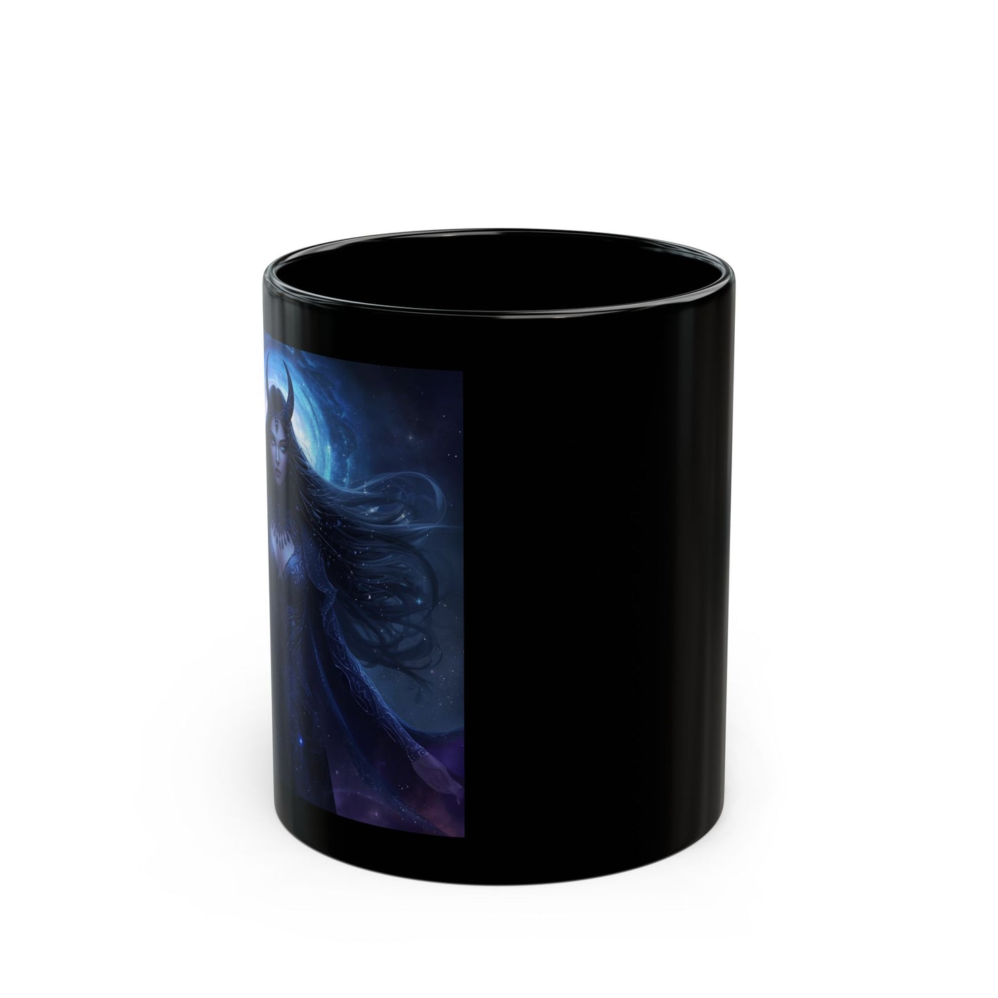 Nyx – Goddess of the Night Coffee Mug - side view - black mug with image of Nyx