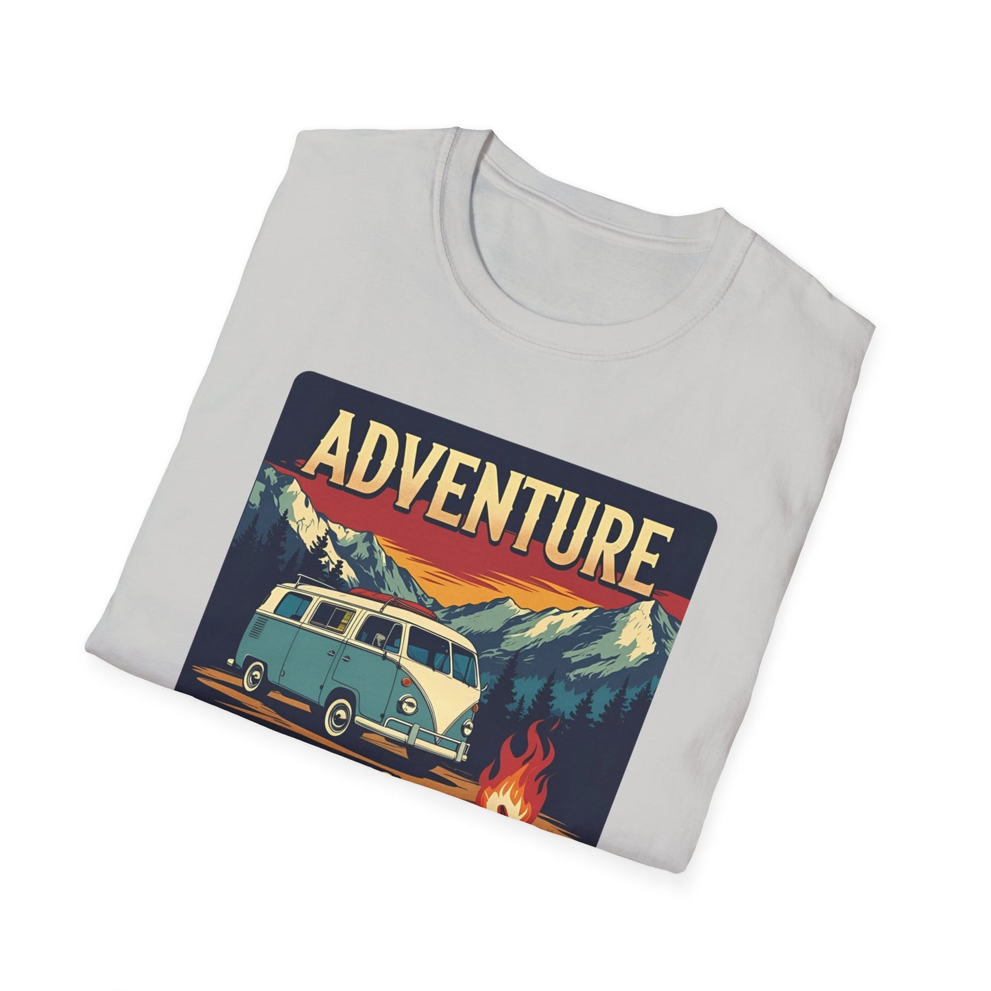 Adventure Awaits - Retro Camper Van Adventure T-Shirt in Ice Grey - Folded