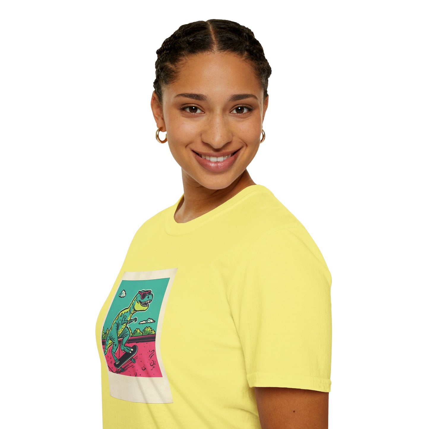Retro Skater T-Rex T-Shirt – 90s Polaroid Dinosaur in Sunglasses