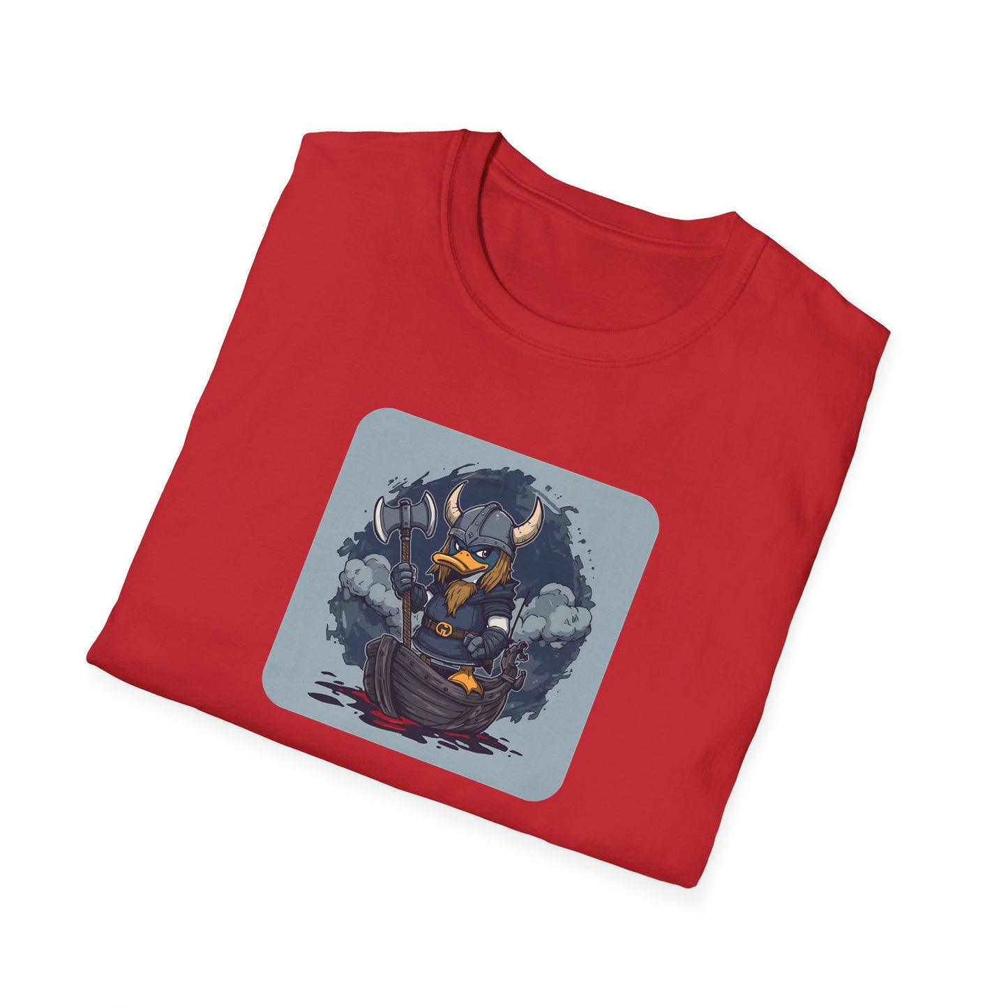 Goth Viking Duck – Dark Cartoon Chaos T-Shirt in Red - Folded