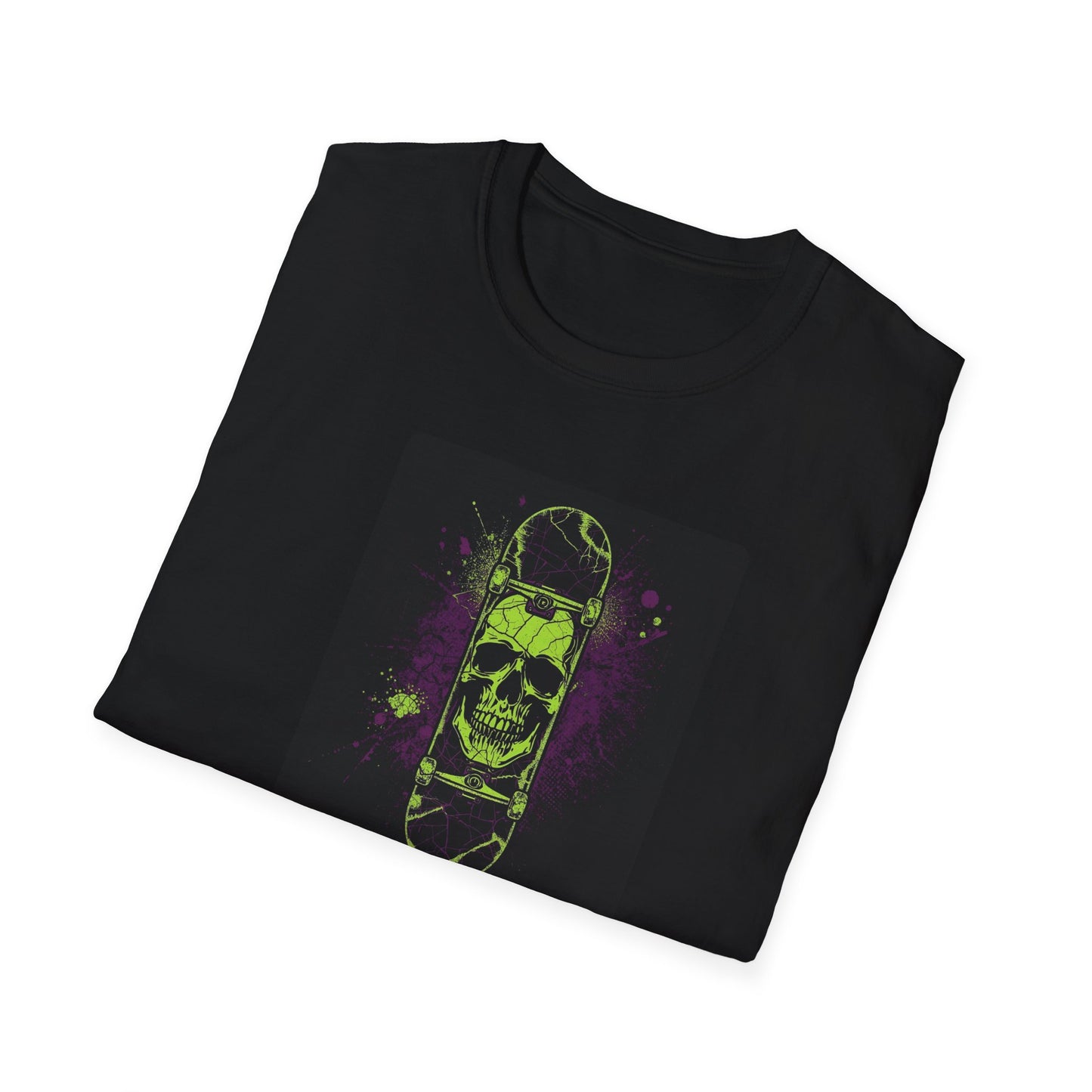 Neon Skull Skateboard – Electric Street Rebel T-Shirt in Black Folded