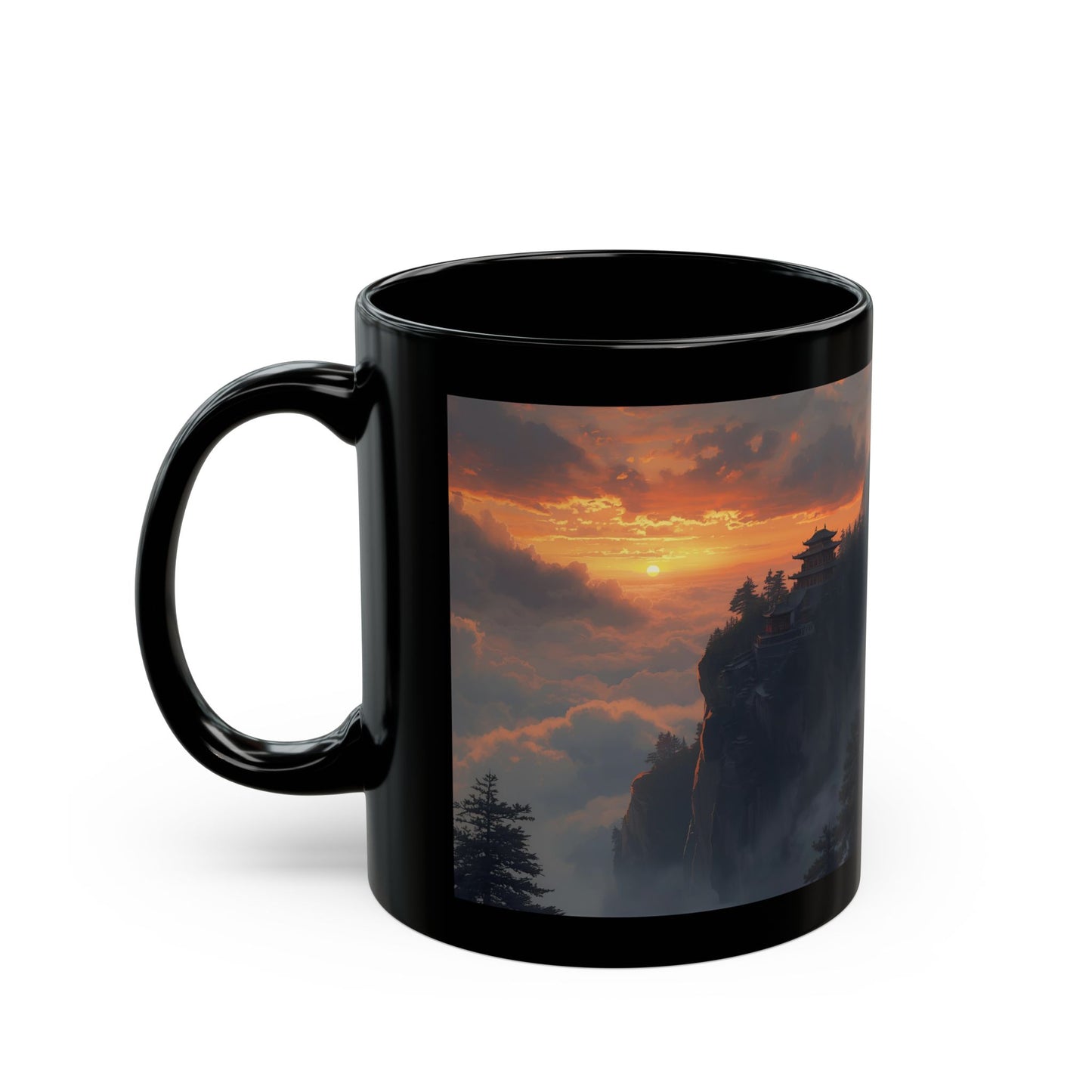 Temple Above the Clouds Mug - Black mug with a scenic design of a sunset over a temple and mountains