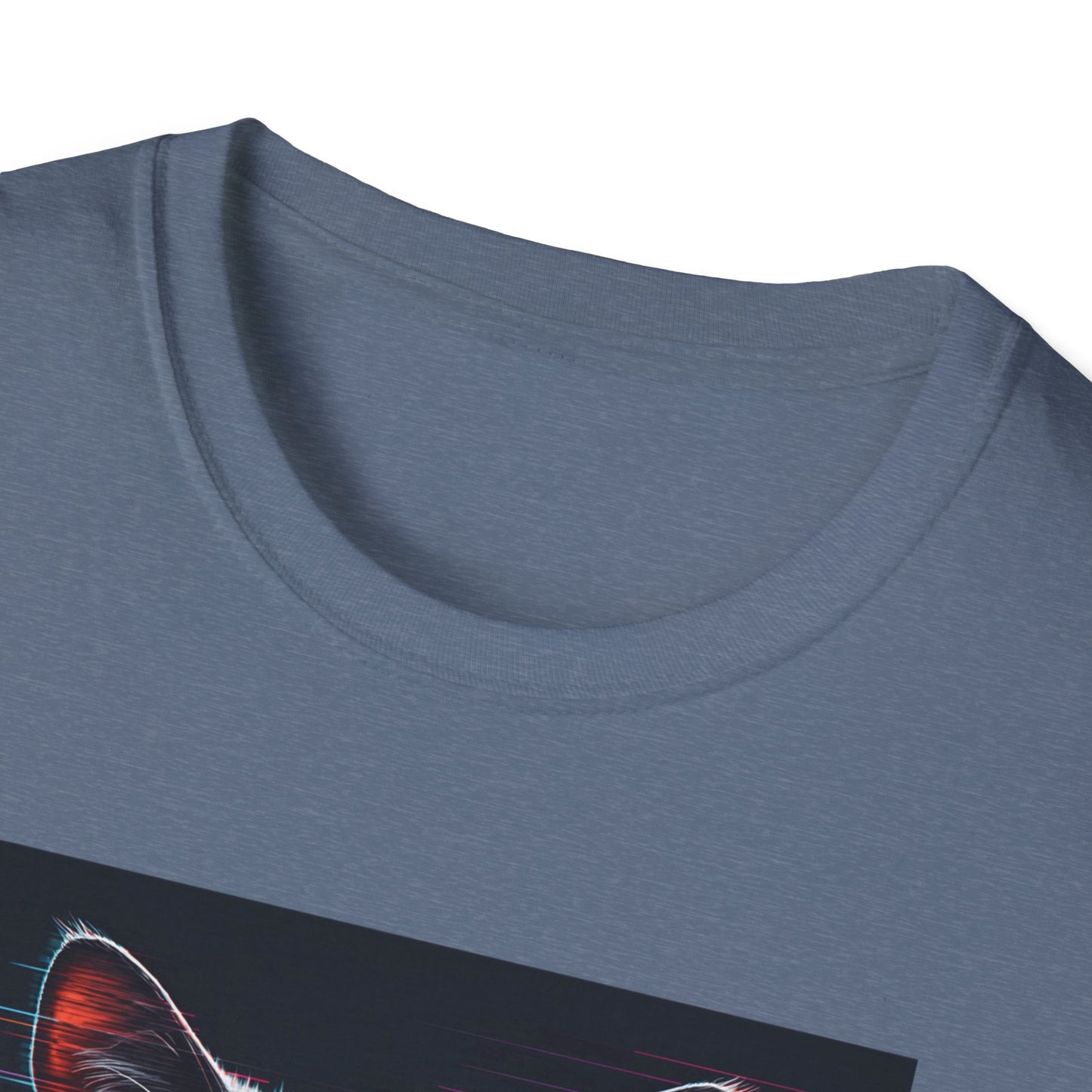 Pixellated Cat - Retro Meow Mode T-Shirt in Heather Indigo - Neckline