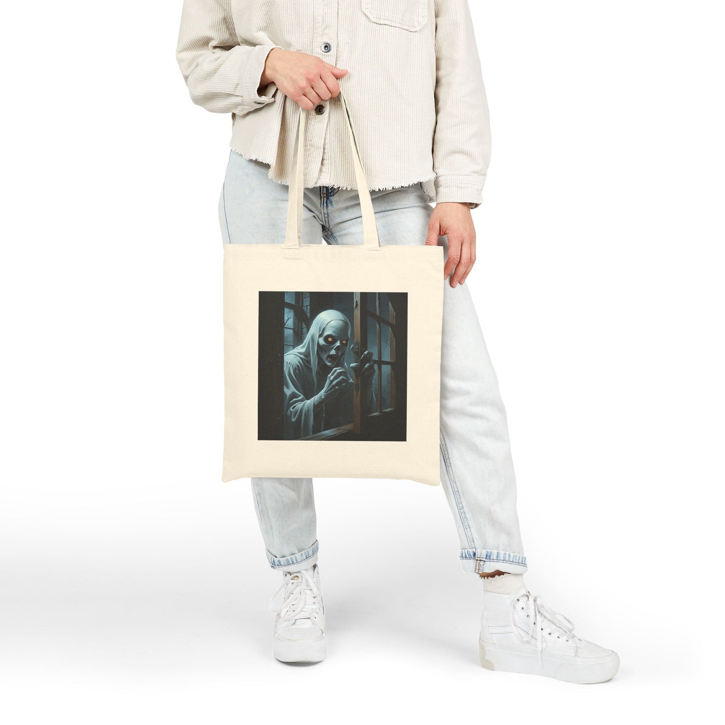 Spooky Ghost Canvas Tote Bag in Natural