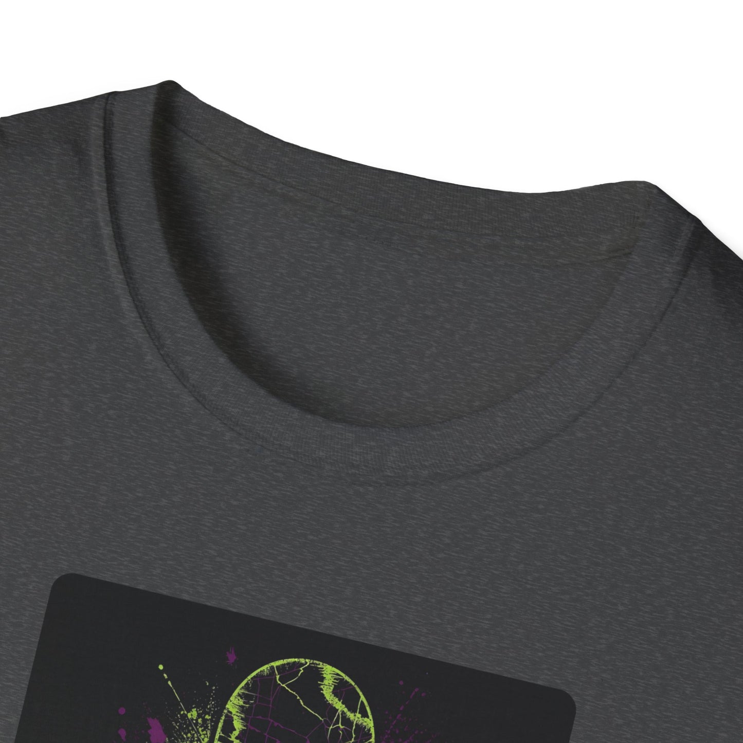 Neon Skull Skateboard – Electric Street Rebel T-Shirt in Dark Heather - Neckline