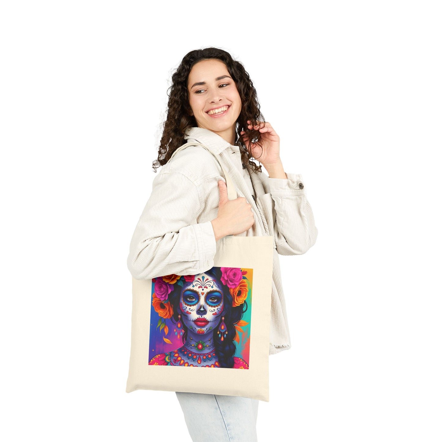 Blush Inferno – Pink Sugar Skull Goddess Tote Bag in Natural