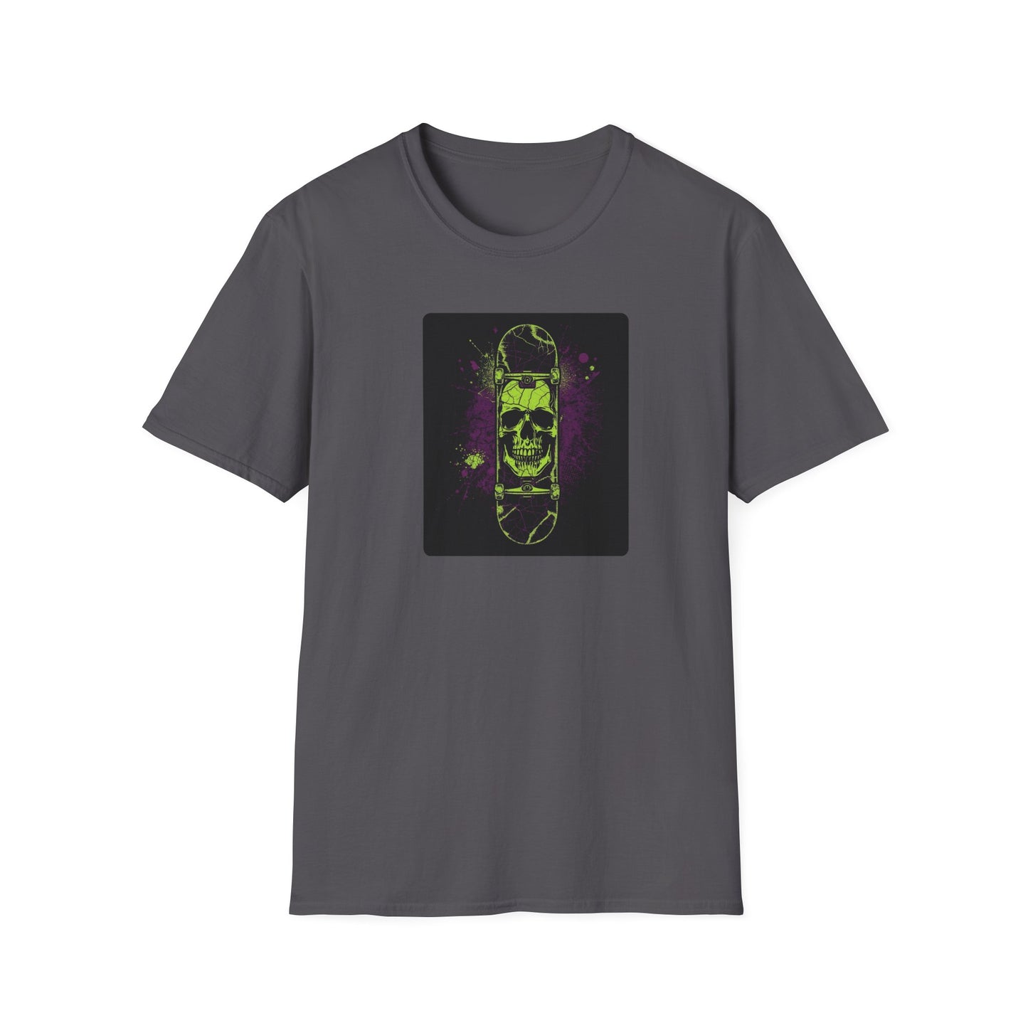 Neon Skull Skateboard – Electric Street Rebel T-Shirt in Charcoal
