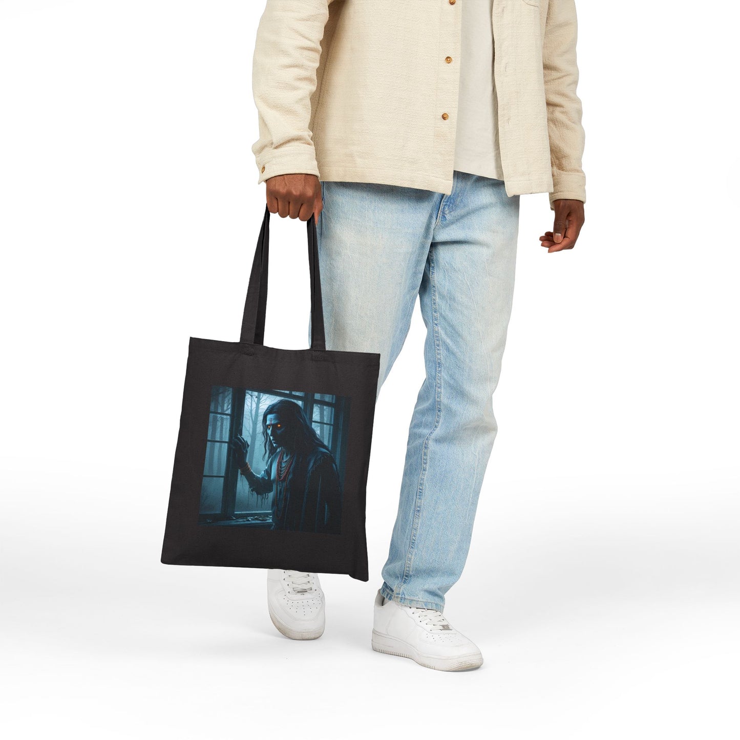 Spooky Ghost Art Cotton Canvas Tote Bag in Black