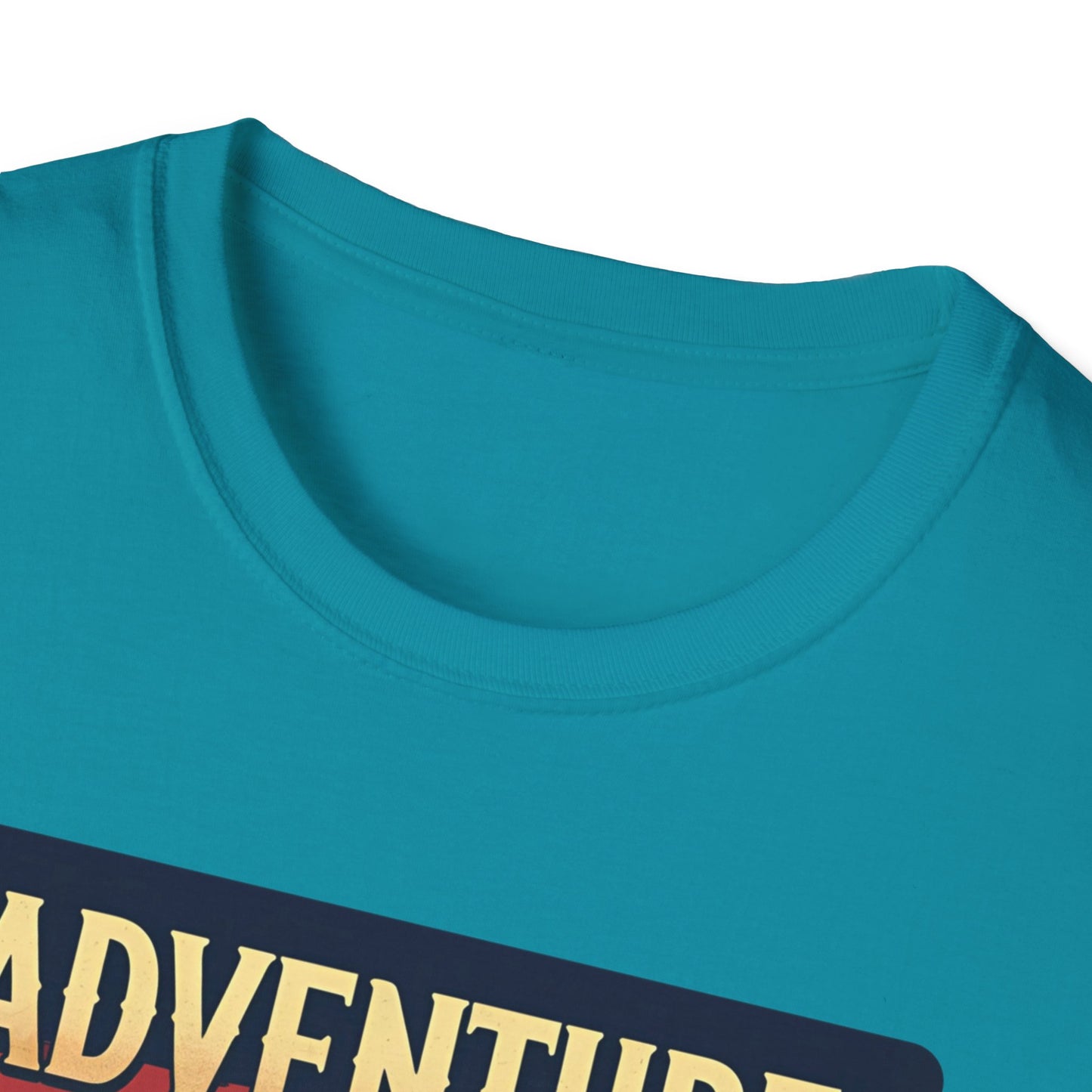 Adventure Awaits - Retro Camper Van Adventure T-Shirt in Tropical Blue - Neckline
