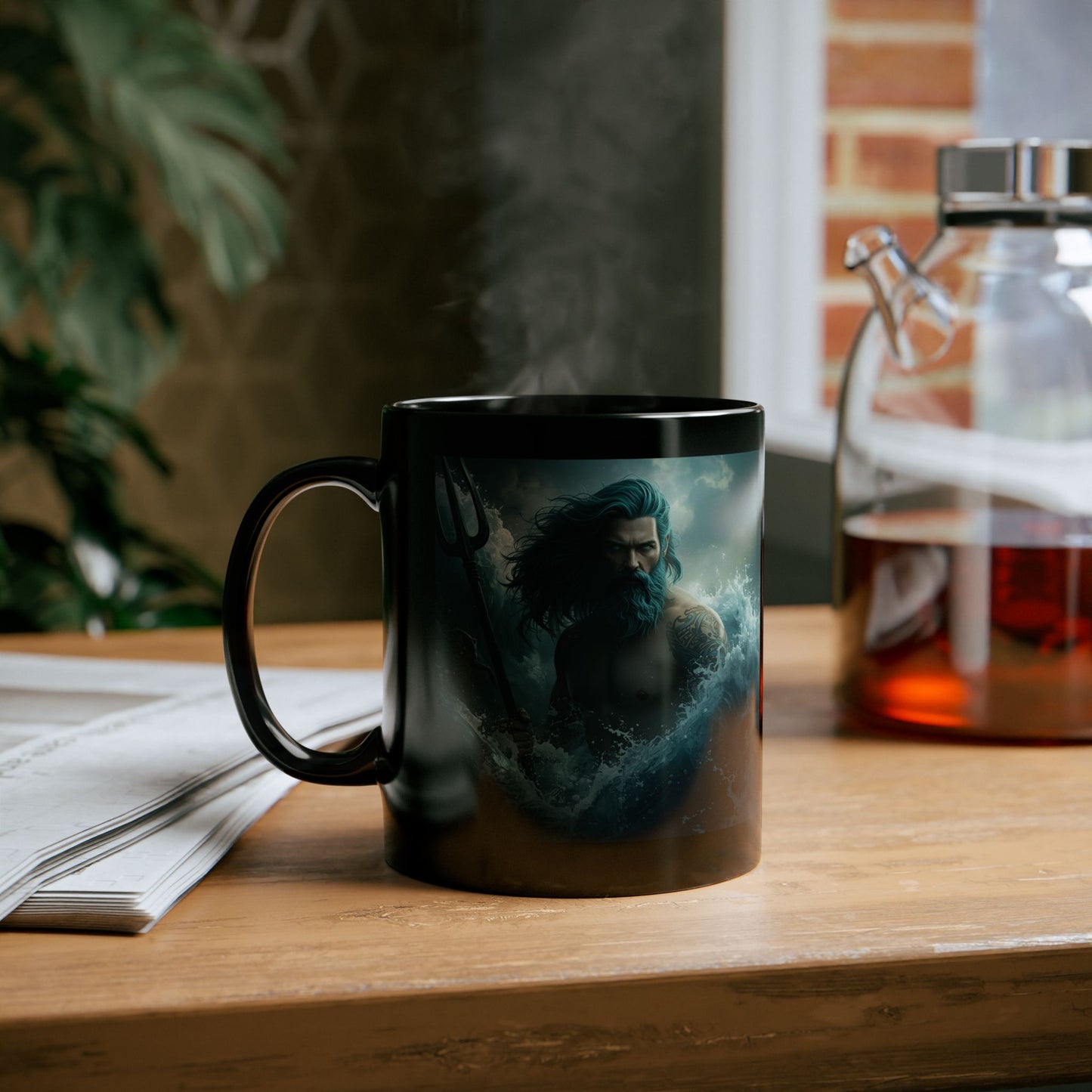 Poseidon - Lord of the Tides Mug - black mug with image of Poseidon on wooden table