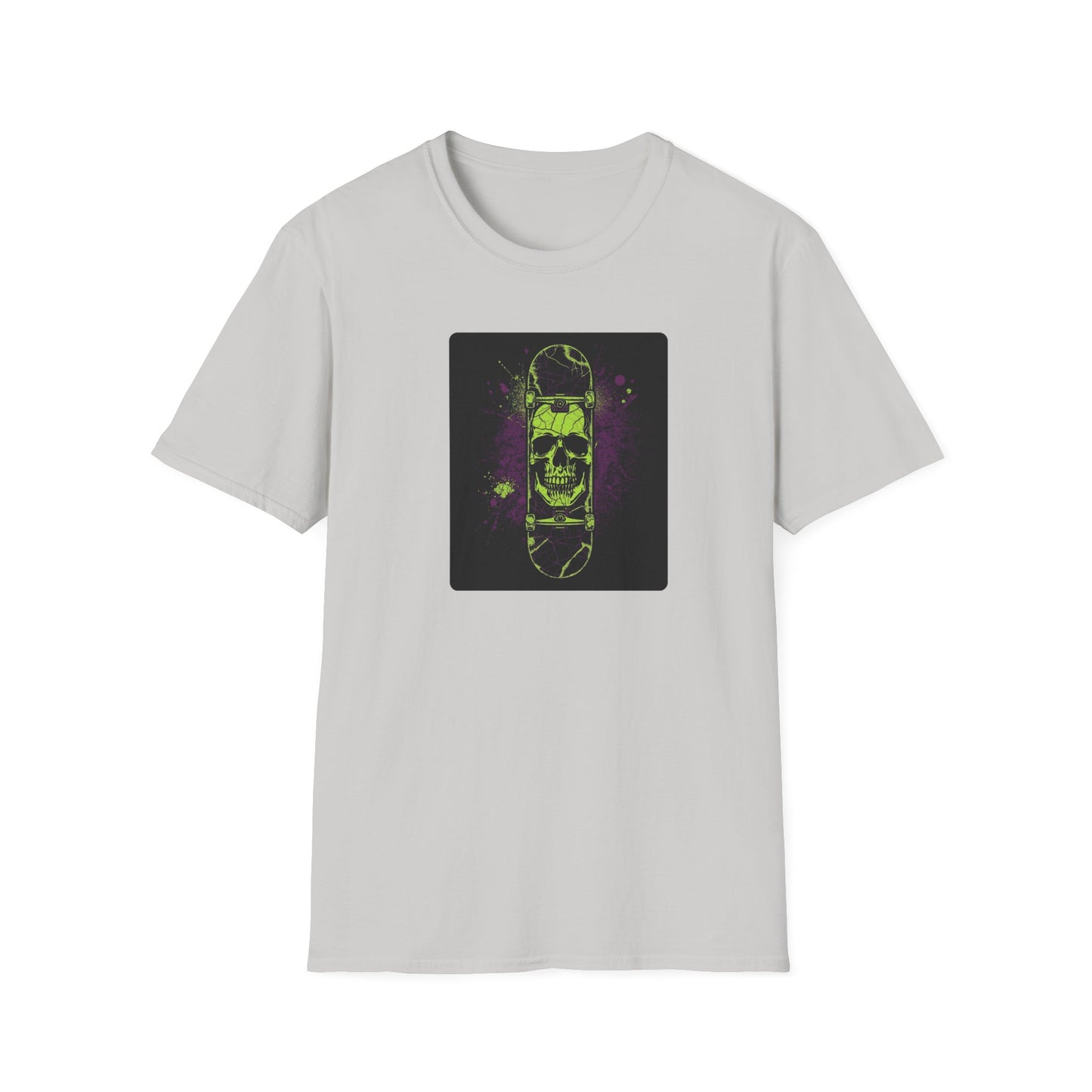 Neon Skull Skateboard – Electric Street Rebel T-Shirt in Ice Grey