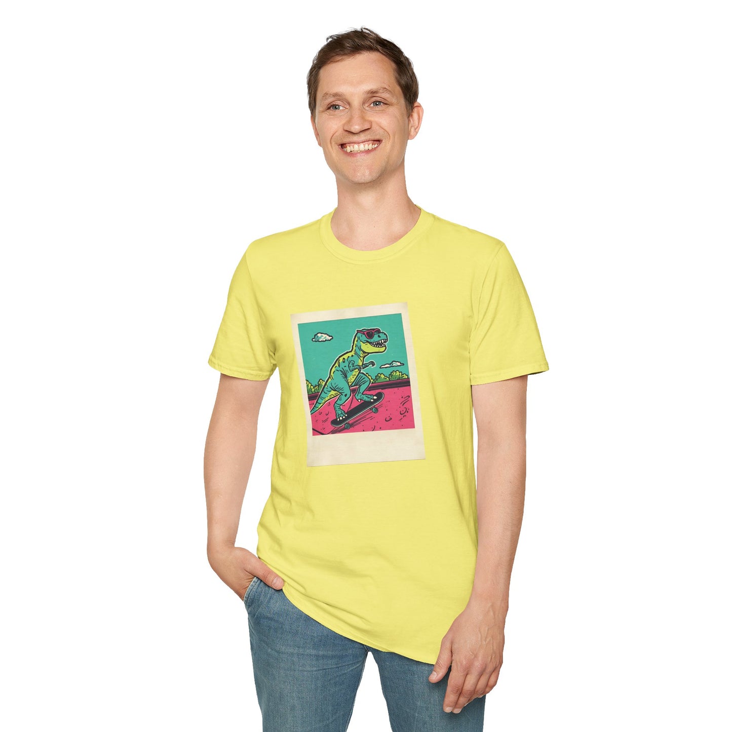 Retro Skater T-Rex T-Shirt – 90s Polaroid Dinosaur in Sunglasses