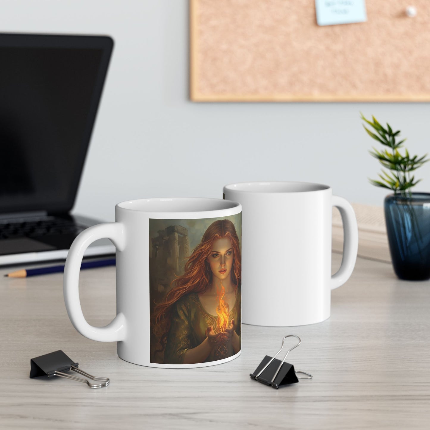 Brigid Flame – Celtic Goddess Mug - Two mugs with front and back view - white mug with image of Brigid