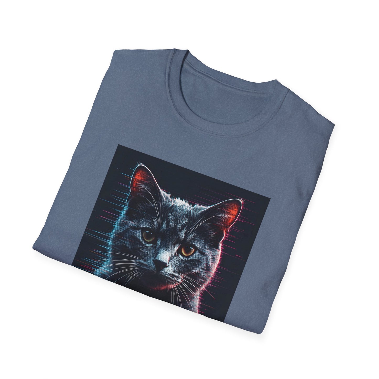 Pixellated Cat - Retro Meow Mode T-Shirt in Heather Indigo - Folded