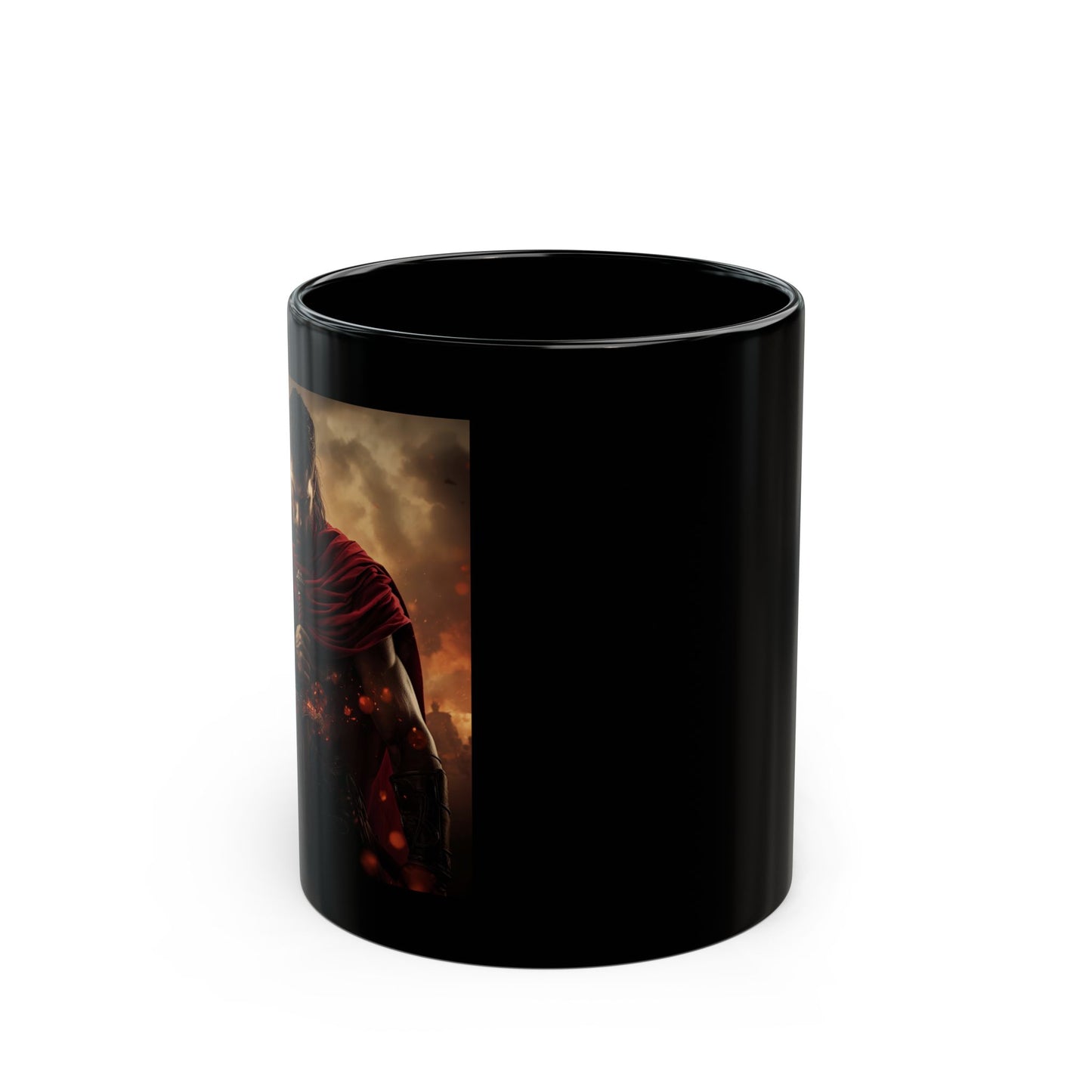 Ares - God of Fire and Fury Mug - Side View - Black mug with a Ares warrior image