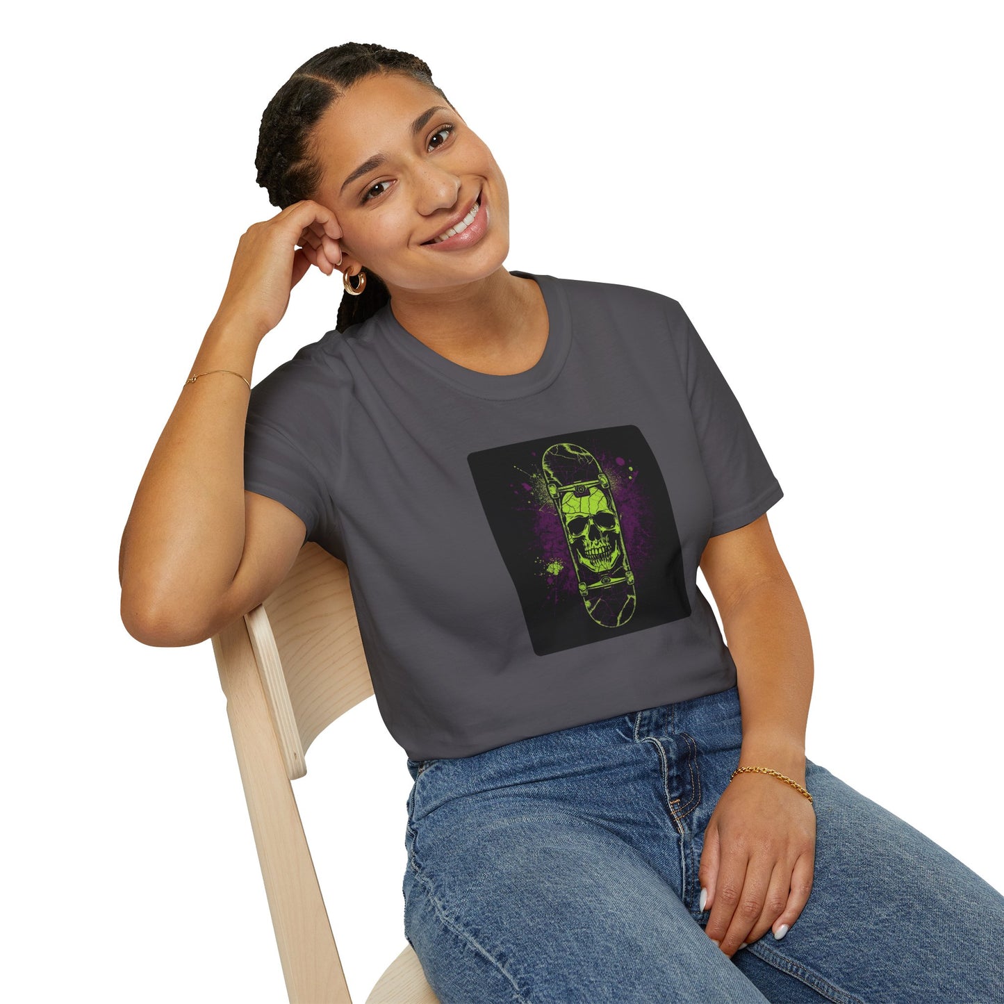 Neon Skull Skateboard – Electric Street Rebel T-Shirt in Charcoal
