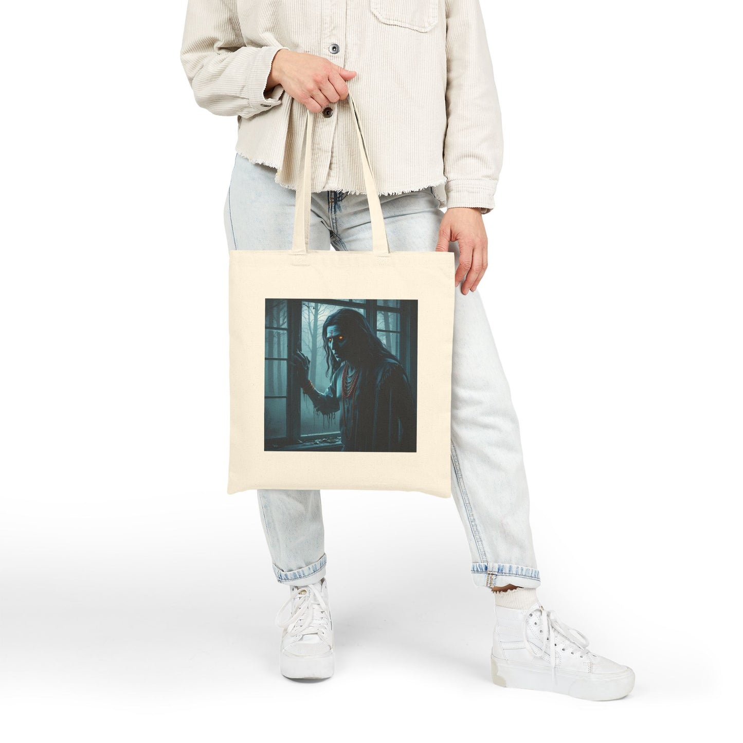 Spooky Ghost Art Cotton Canvas Tote Bag in Natural
