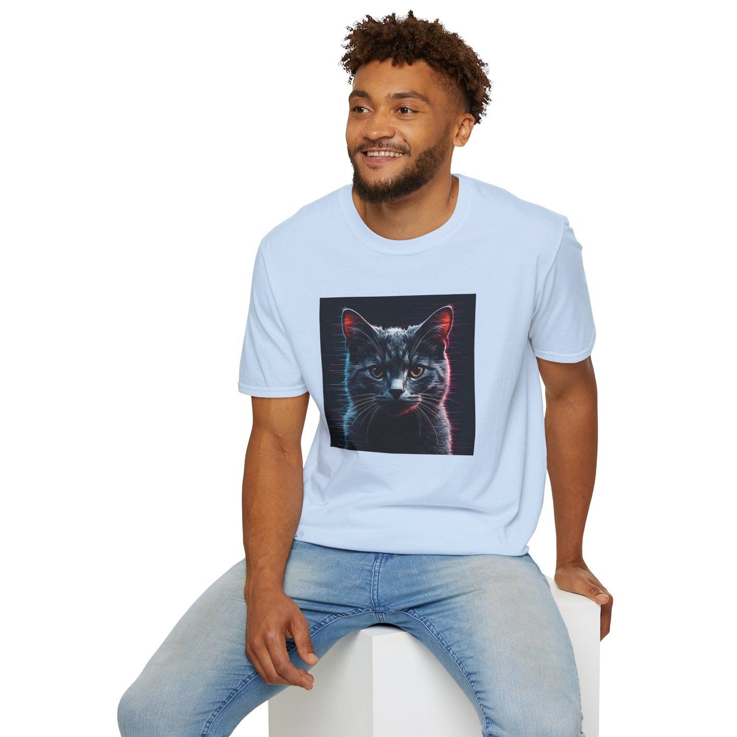 Pixellated Cat - Retro Meow Mode T-Shirt in Light Blue