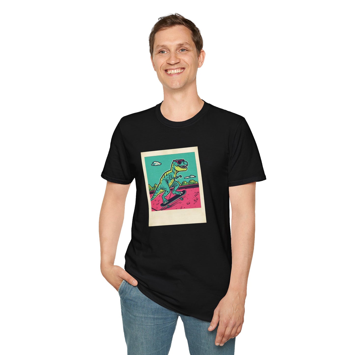 Retro Skater T-Rex T-Shirt – 90s Polaroid Dinosaur in Sunglasses