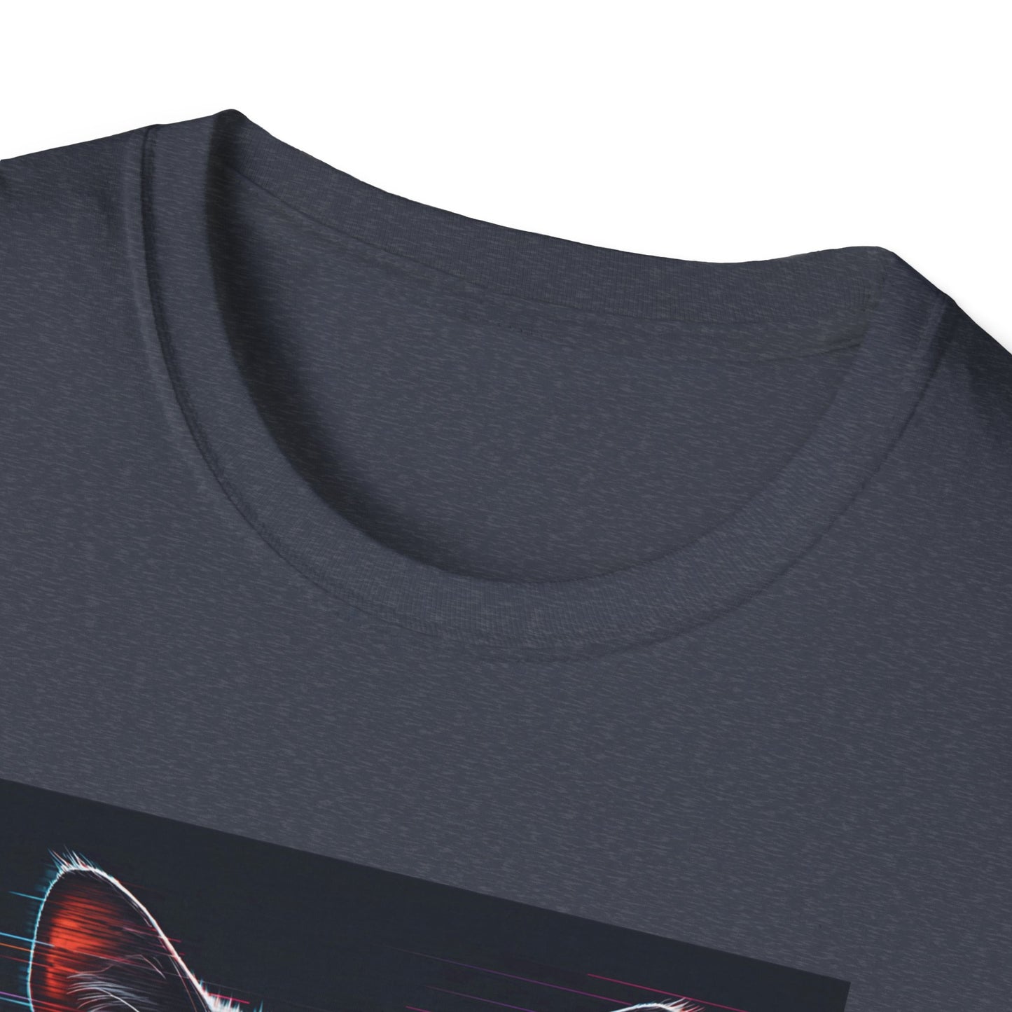 Pixellated Cat - Retro Meow Mode T-Shirt in Heather Navy - Neckline