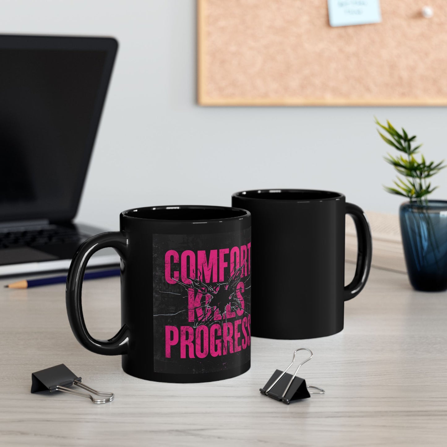 Comfort Kills Progress – Urban Grind Mug - two mugs with front and back view - black mug with motivational text