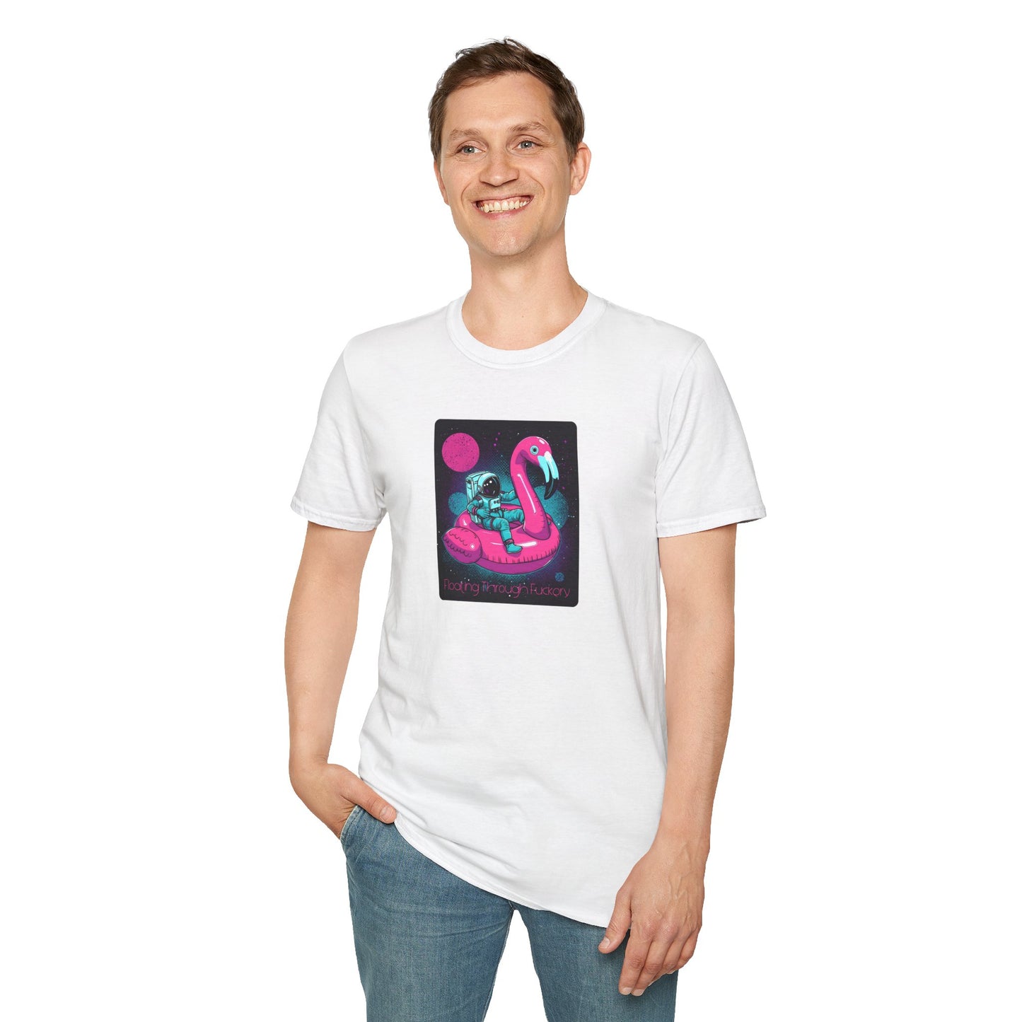 Floating Through Fckery T-Shirt – Surreal Astronaut Flamingo Space Tee