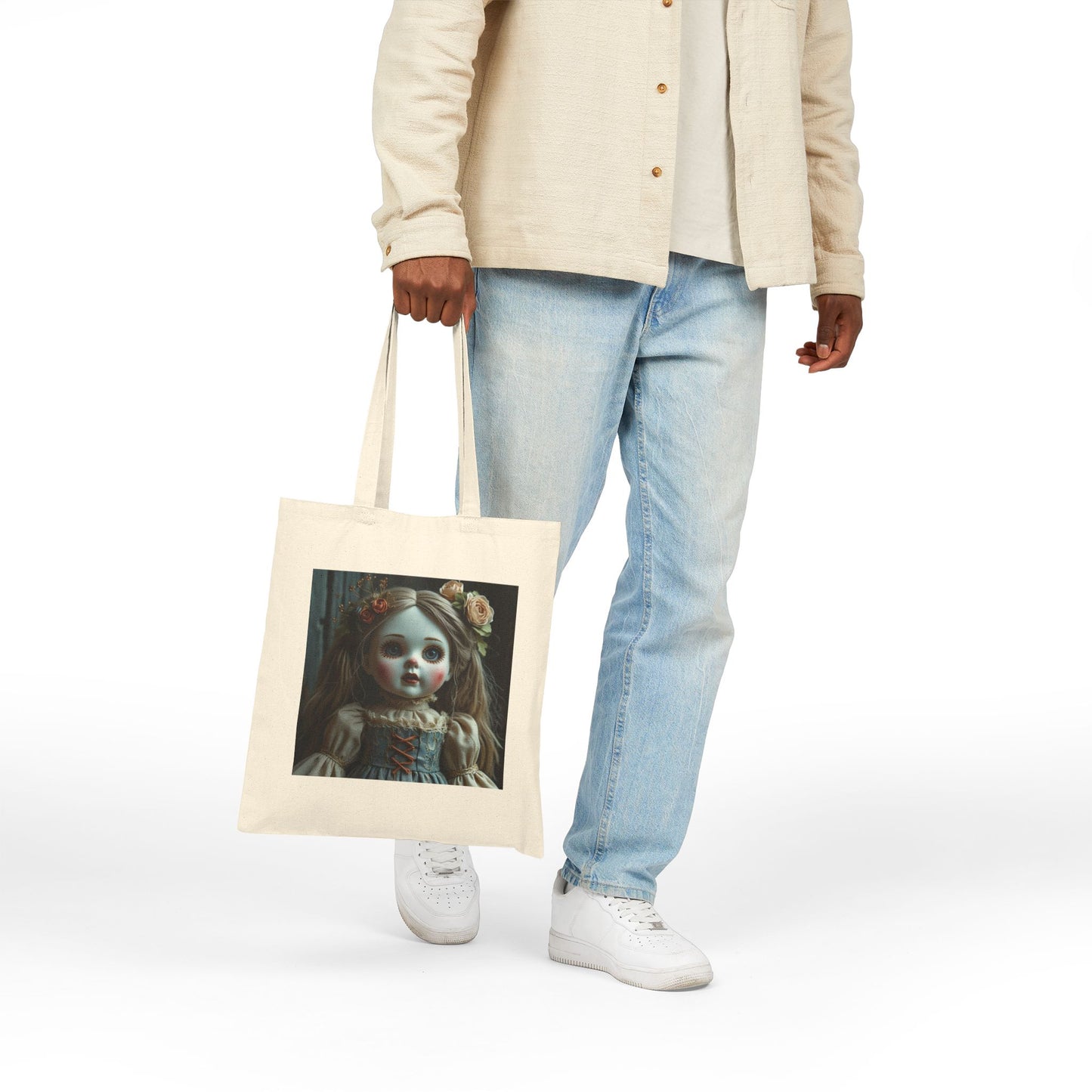 Ruby - Spooky Doll Canvas Tote Bag in Neutral