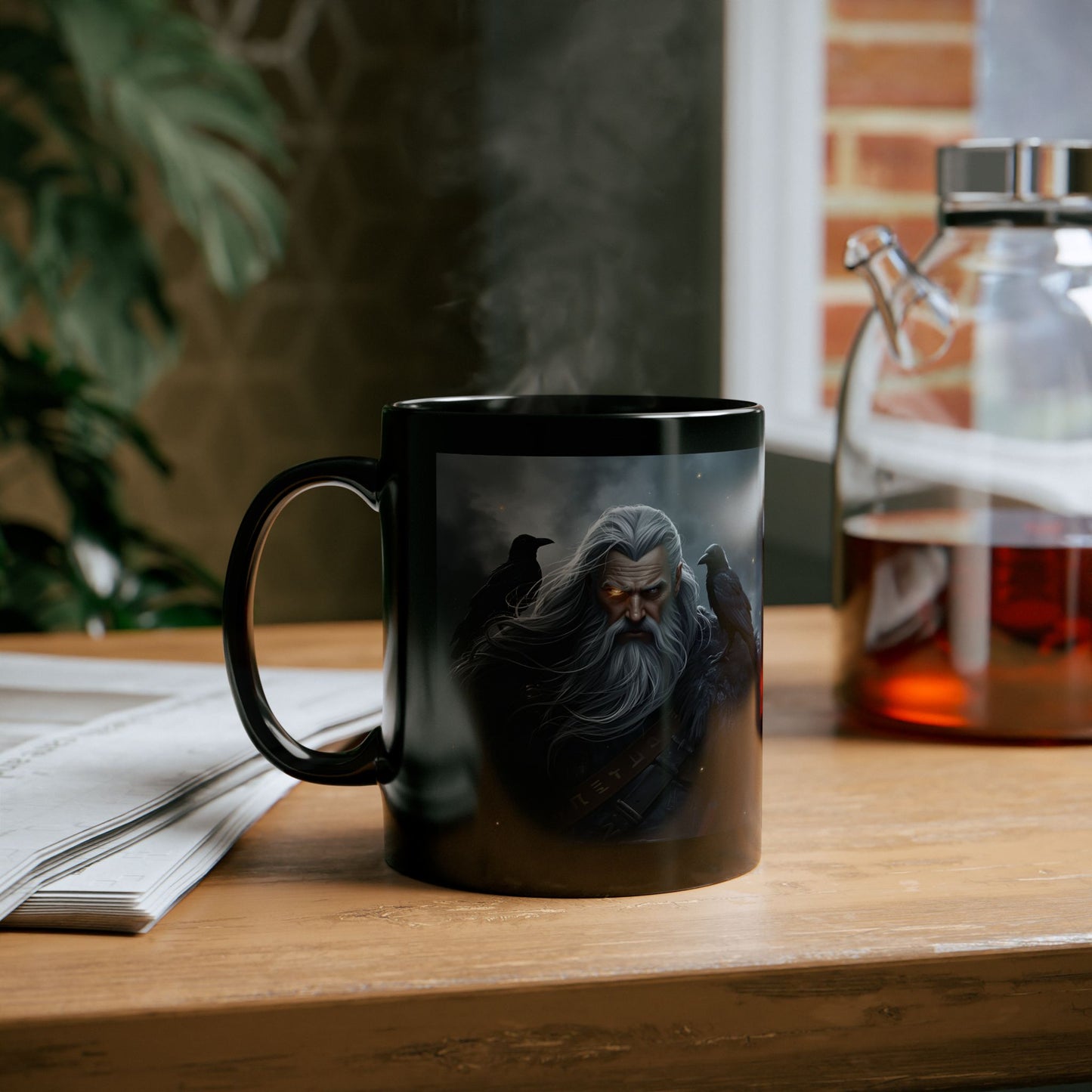 Odin - The Allfather Mug - black mug with Odin image and two crows on wooden table