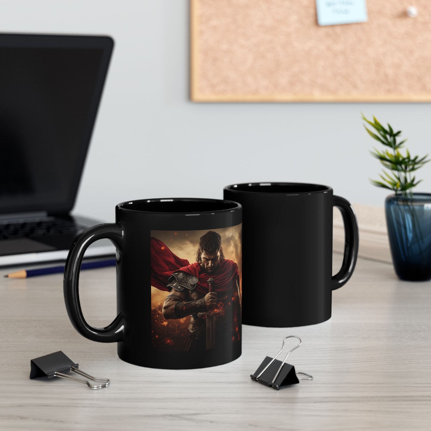 Ares - God of Fire and Fury Mug - Two mugs with front and back view - Black mug with a Ares warrior image
