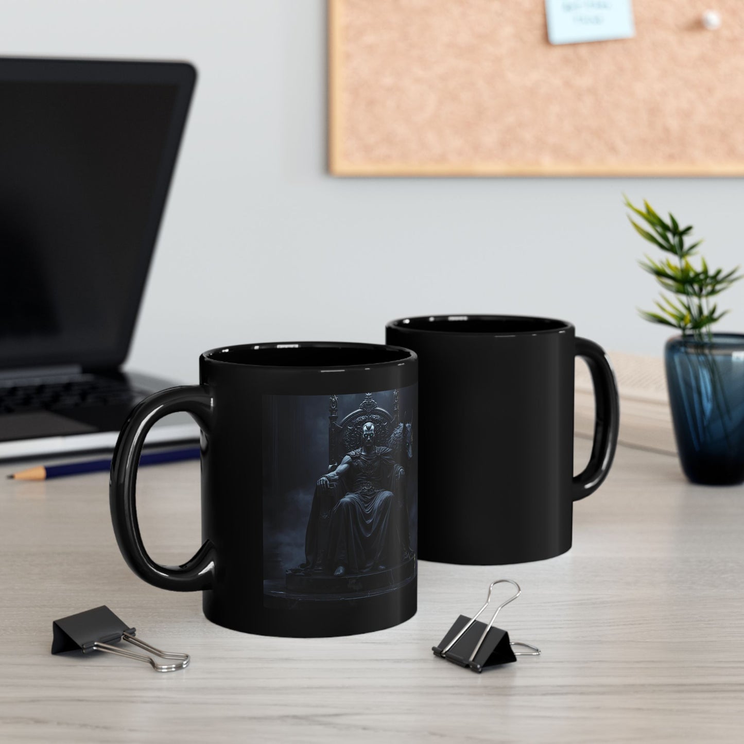 Hades - Silent Powerful Eternal Mug - Two mugs with front and back view. Black mugs with Hades image