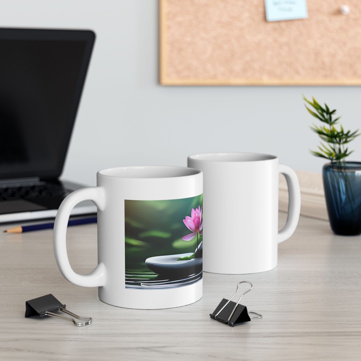 Lotus Flow – Water & Stone Balance Mug - two mugs with front and back view - white mug with serene image