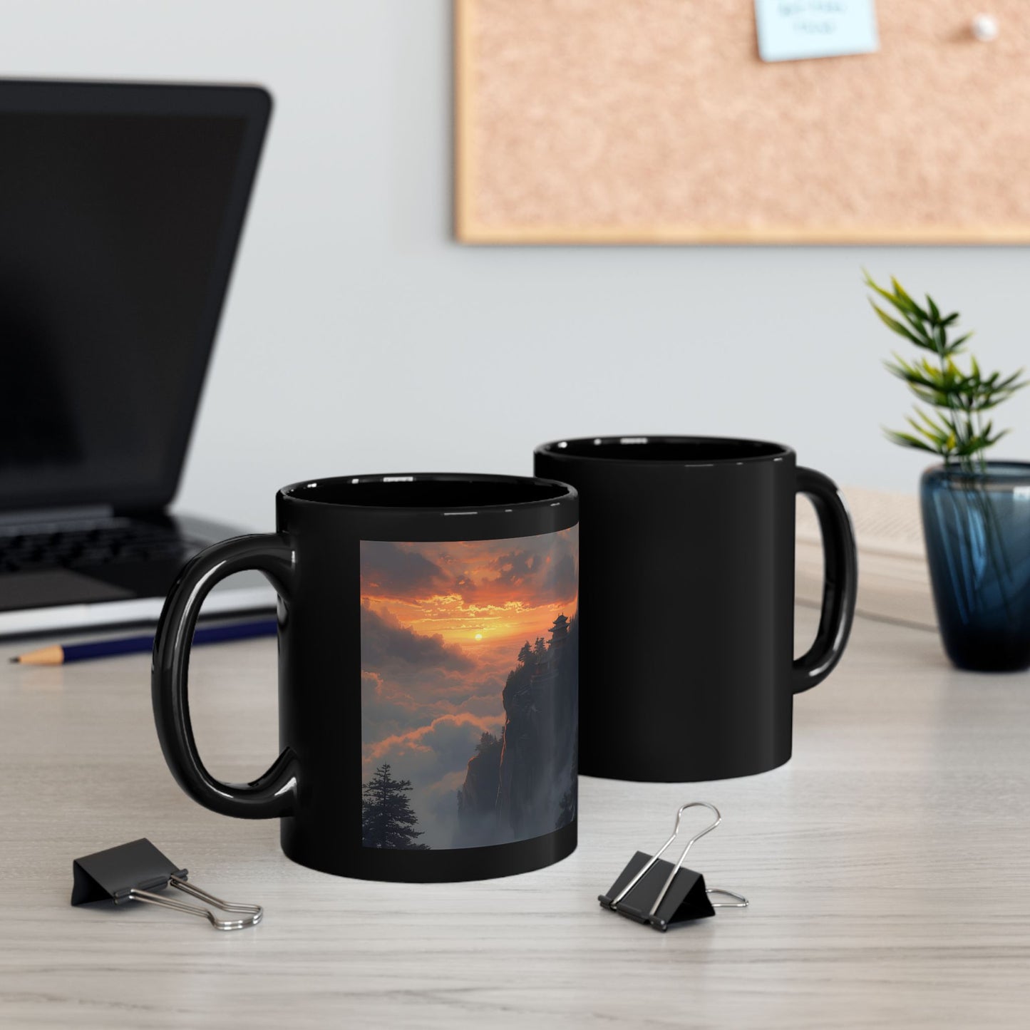 Temple Above the Clouds Mug - Two mugs with front and back view. Black mug with a sunset design
