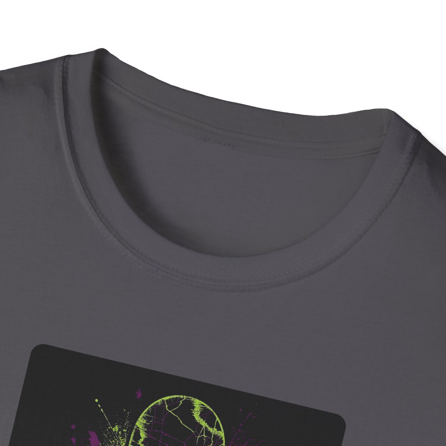 Neon Skull Skateboard – Electric Street Rebel T-Shirt in Charcoal - Neckline