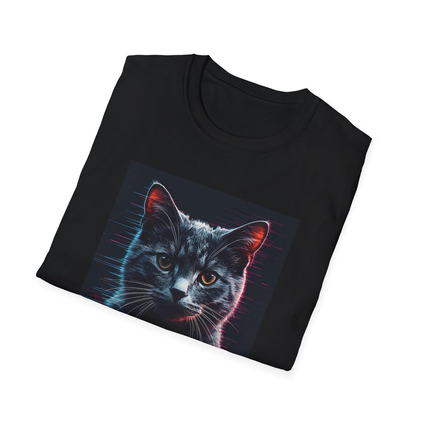 Pixellated Cat - Retro Meow Mode T-Shirt in Black - Folded