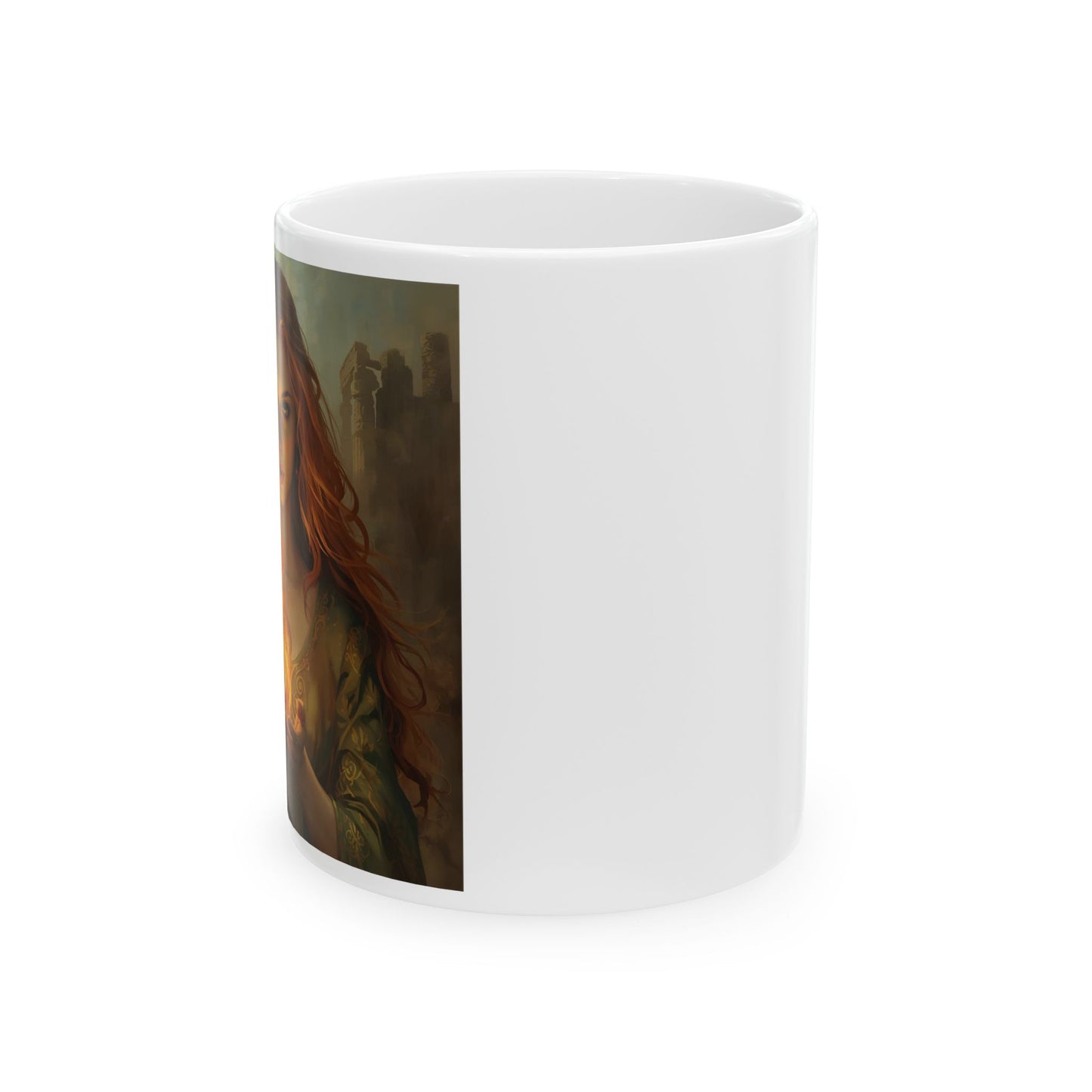 Brigid Flame – Celtic Goddess Mug - Side View - white mug with image of Brigid