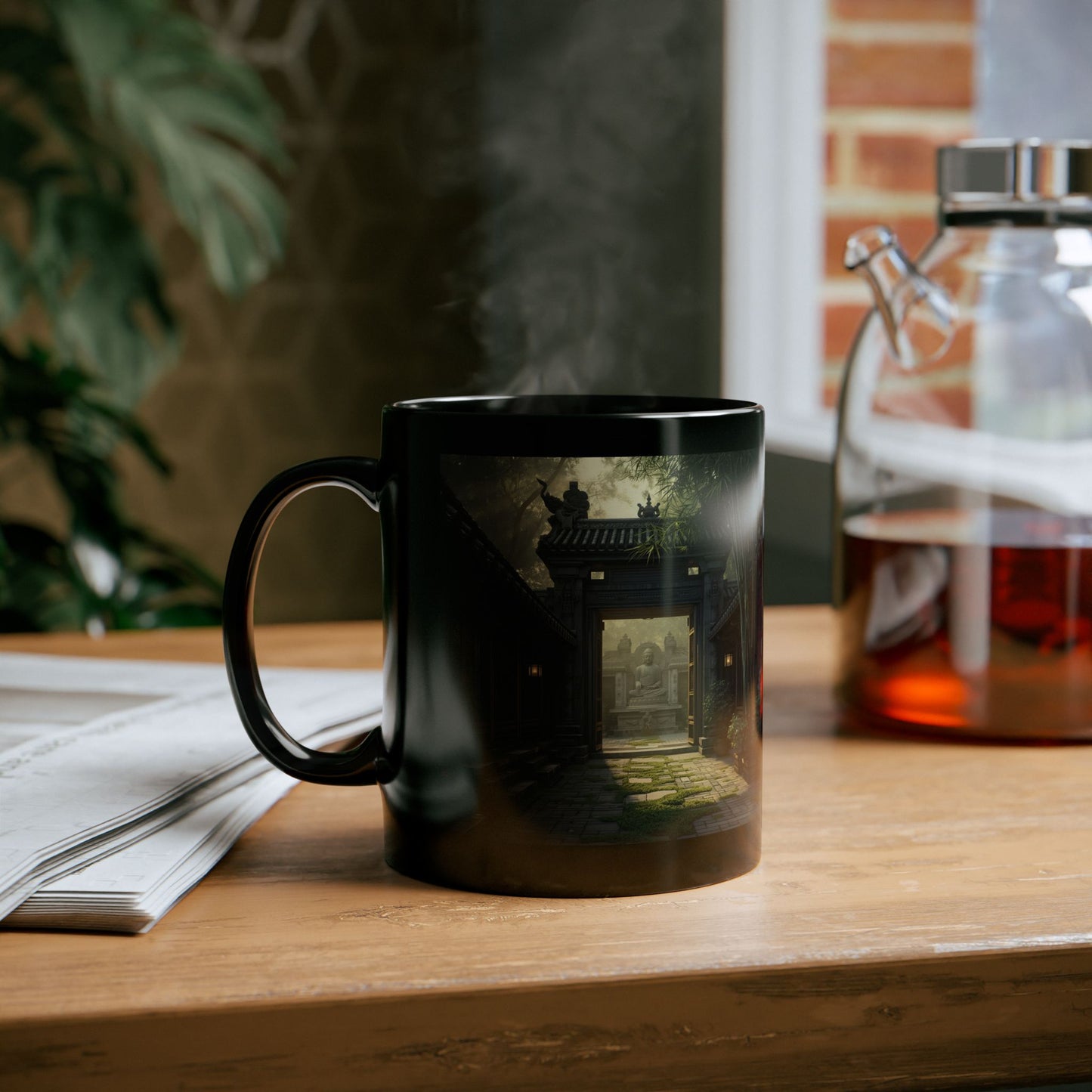 Dawn at the Courtyard Mug -Black mug with a scenic design on a wooden table