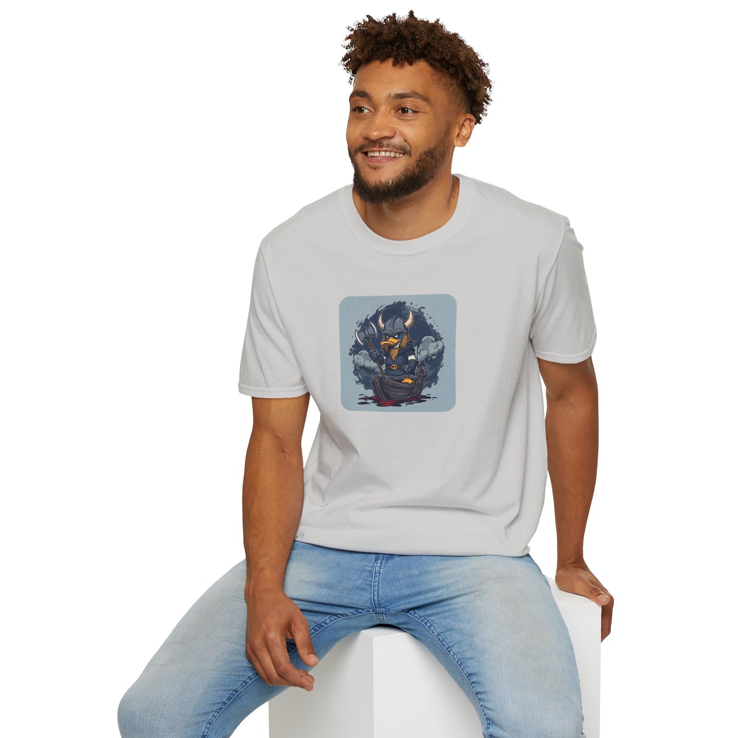 Goth Viking Duck – Dark Cartoon Chaos T-Shirt in Ice Grey